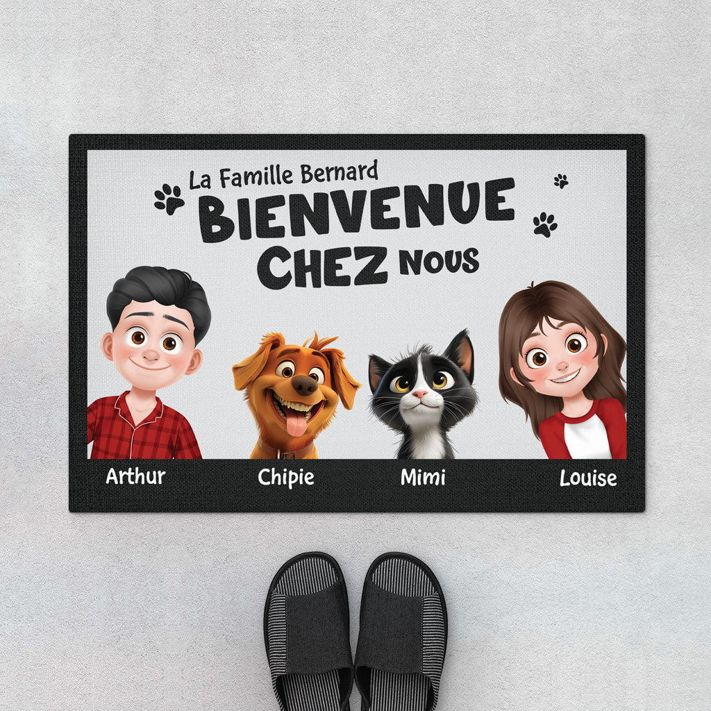 Paillasson Personnalisé Famille et Animaux - Bienvenue Chez Nous Avec Chat et Chien