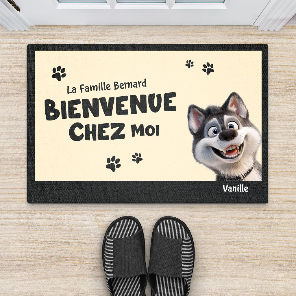 Paillasson Personnalisé Famille et Animaux - Bienvenue Chez Nous Avec Chat et Chien - Image 2