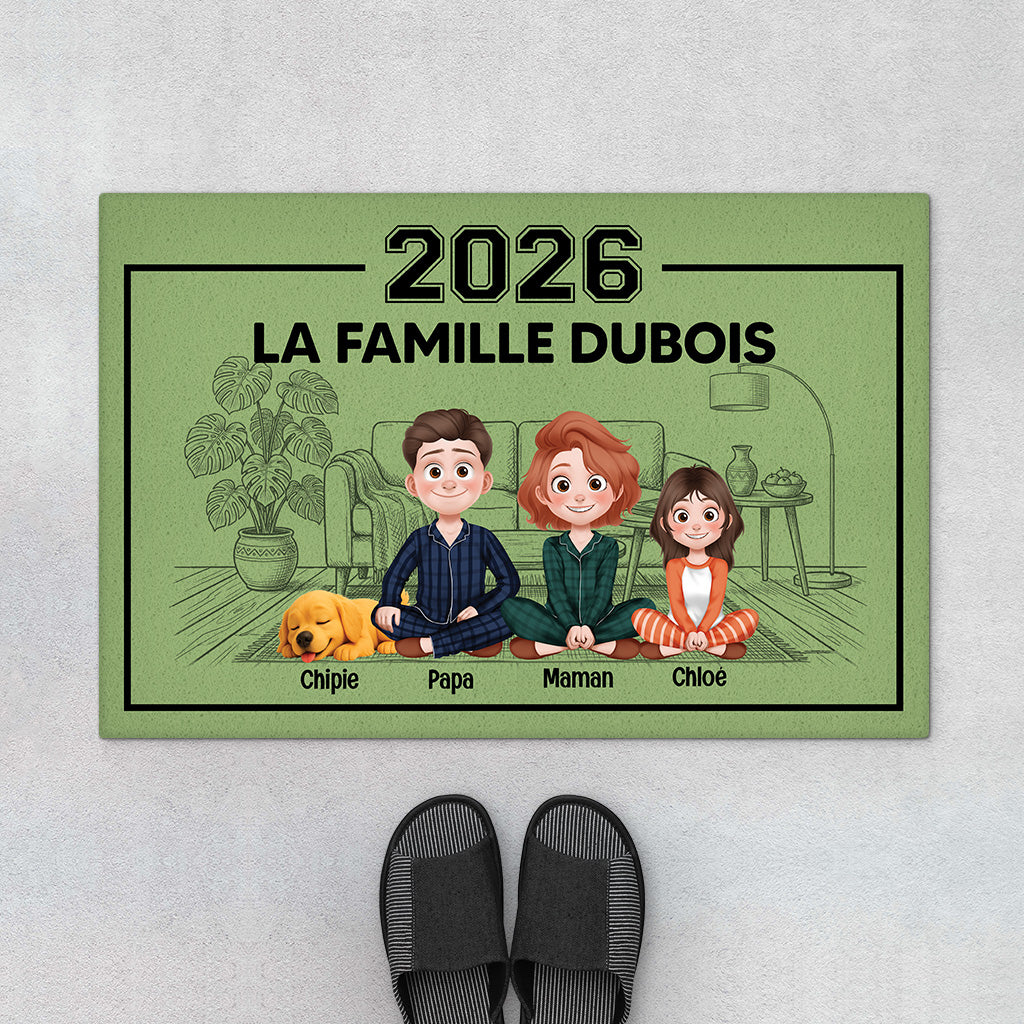 Paillasson Personnalisé Famille Et Animaux | La Famille Avec Chat Chien