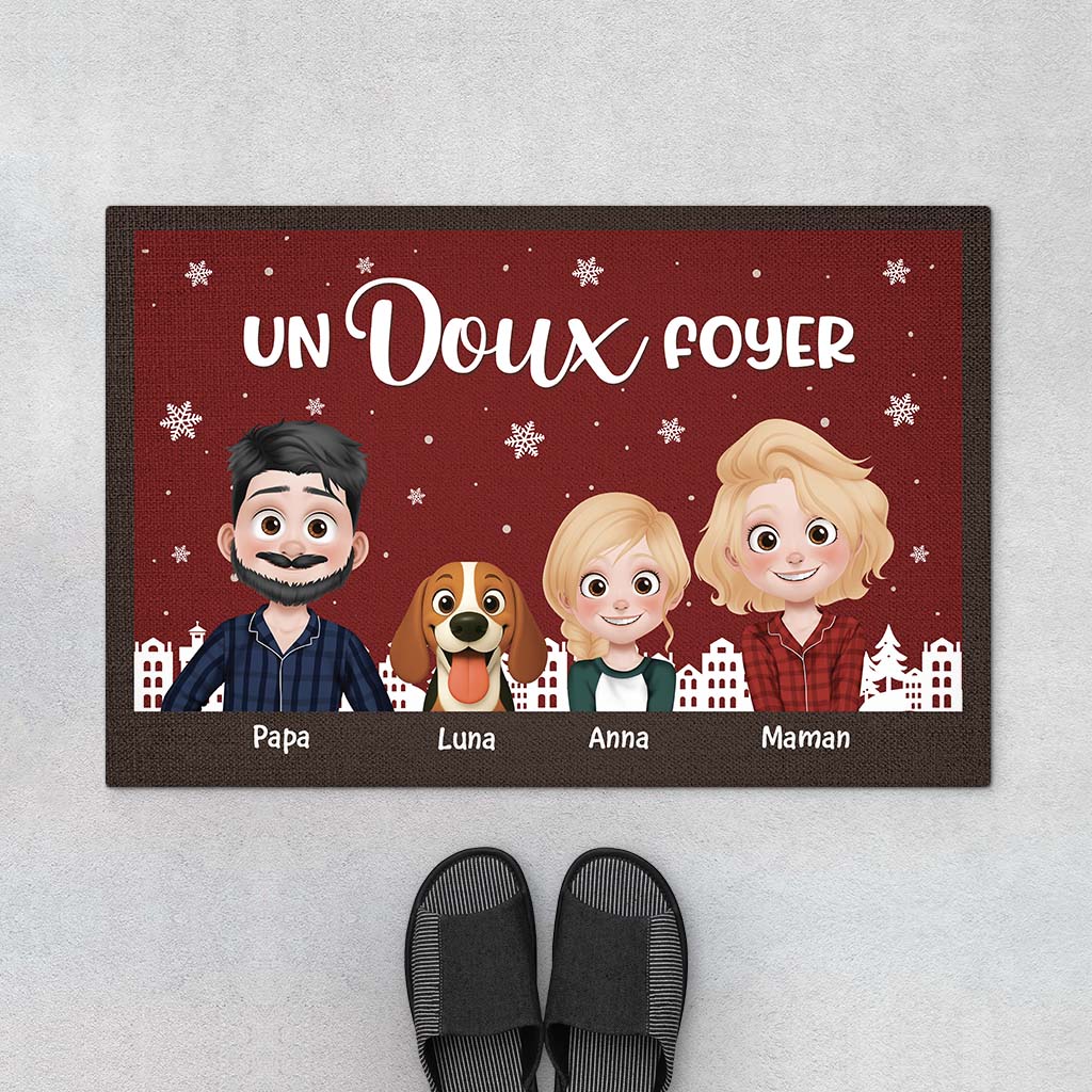 Paillasson Personnalisé Pour Famille Avec Chat/Chien - Un Doux Foyer À Noël
