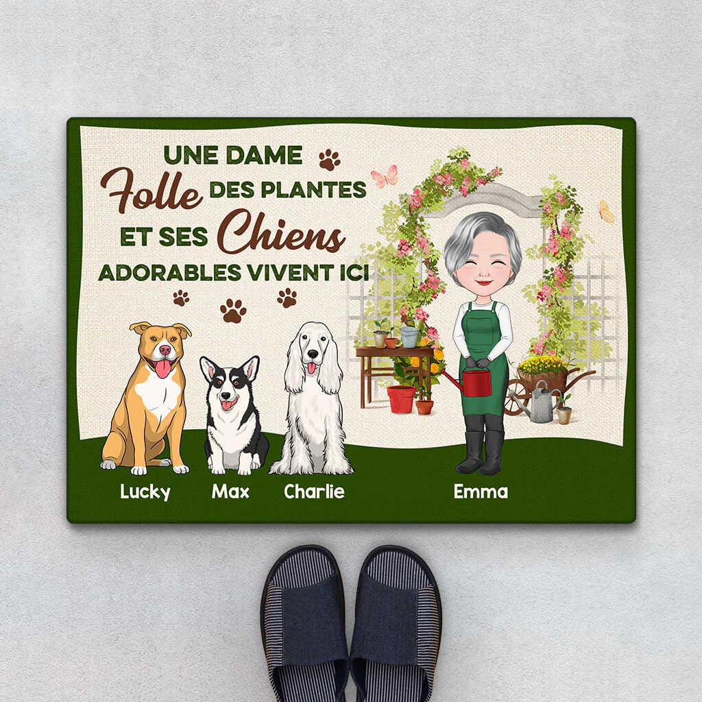 Tapis Chien Personnalisé – Dame Passionnée De Plantes Et Chiens Adorables