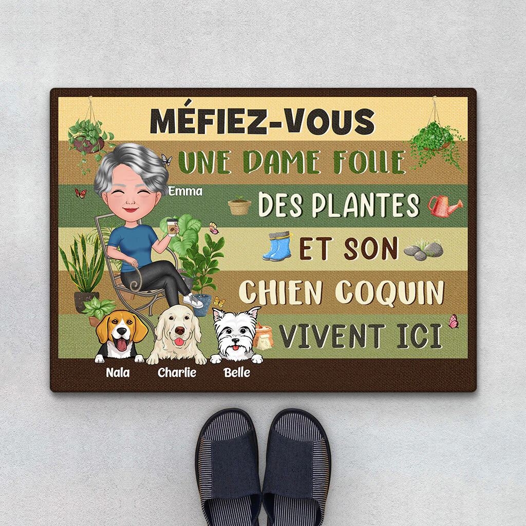 Paillasson Chien Personnalisé – Dame Folle Des Plantes Et Chiens Coquins