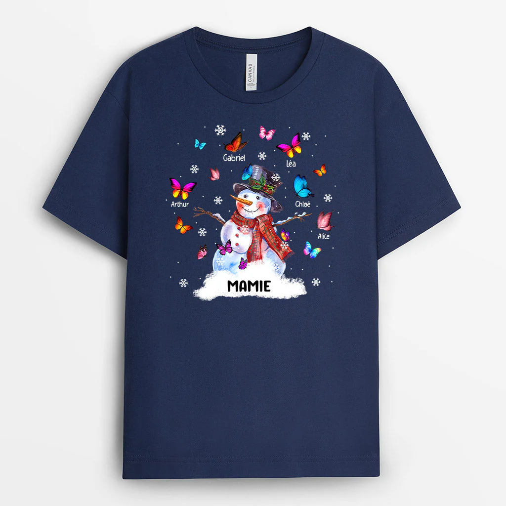 Tee Shirt Personnalisé Mamie Noël - Mamie | Papillons et Bonhomme de Neige