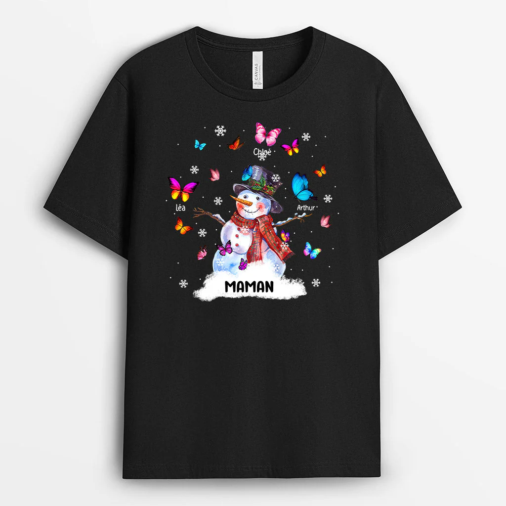 Tee Shirt Personnalisé Mamie Noël - Mamie | Papillons et Bonhomme de Neige - Image 2