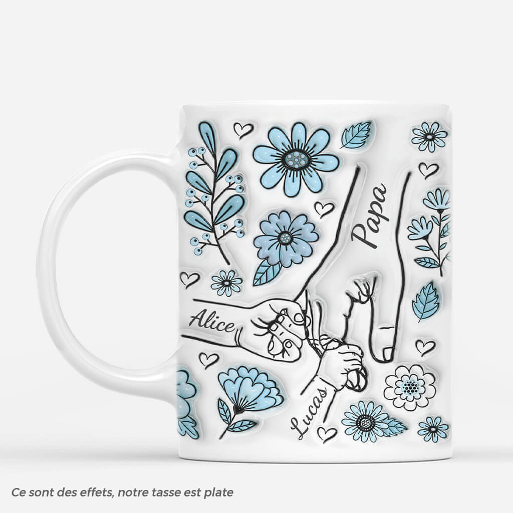 [Effet d'impression 3D] Mug Personnalisé Papa - Papa Tenant Les Mains Avec Fleurs Bleues