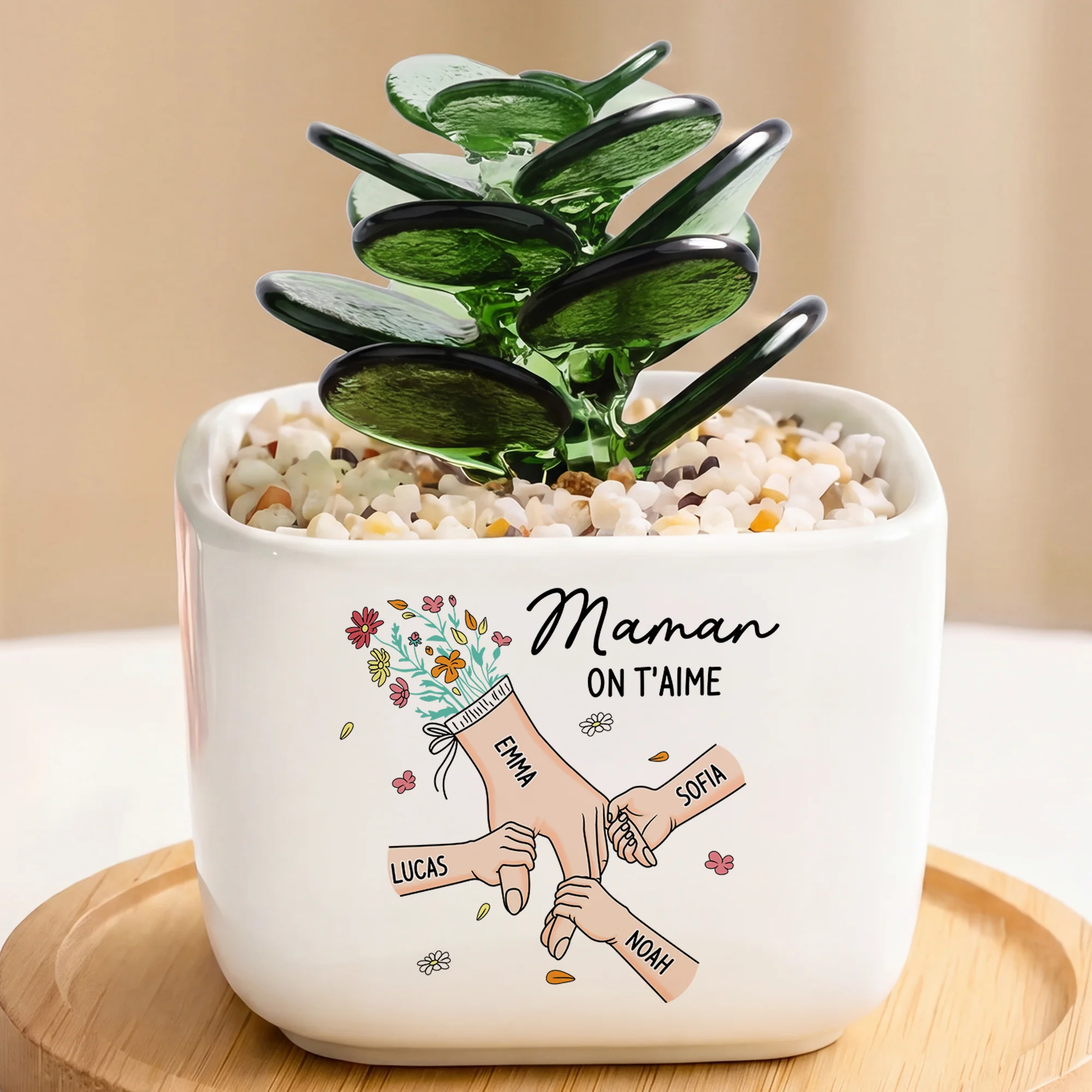 Petit Cactus Artificiel En Verre Avec Pot - Je T'aime Maman Mamie