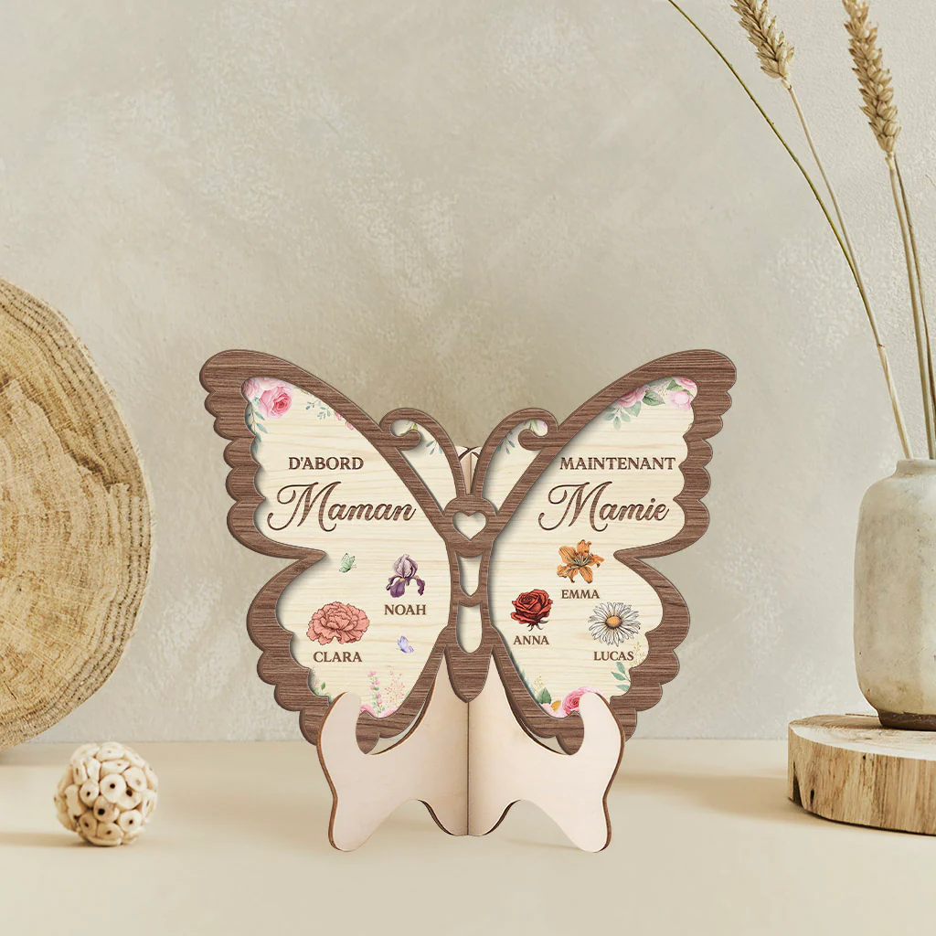Plaque Bois Personnalisée - D'abord Maman Ensuite Mamie Avec Dessin Papillon Jardin - Image 2