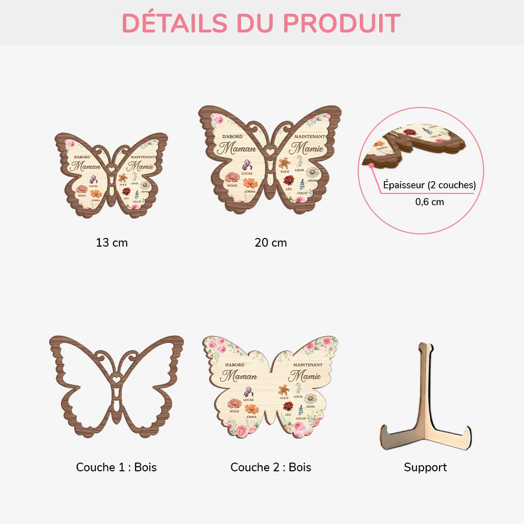 Plaque Bois Personnalisée - D'abord Maman Ensuite Mamie Avec Dessin Papillon Jardin - Image 3