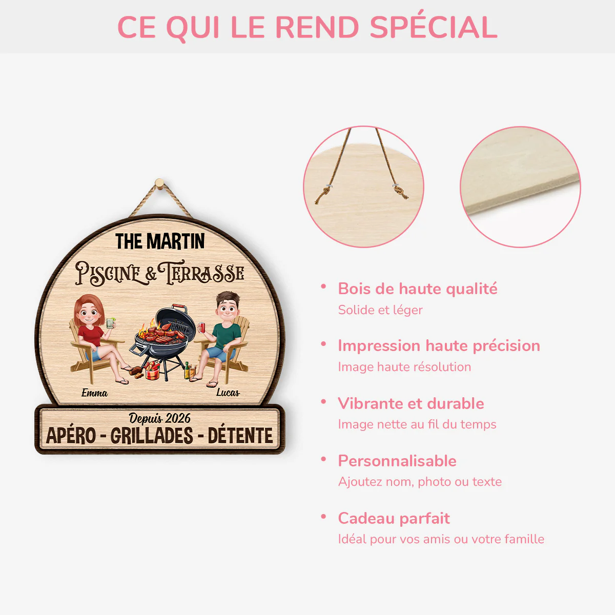 Plaque De Porte Bois Personnalisée À Suspendre - Cadeau Couple Piscine Et Terrasse - Image 4