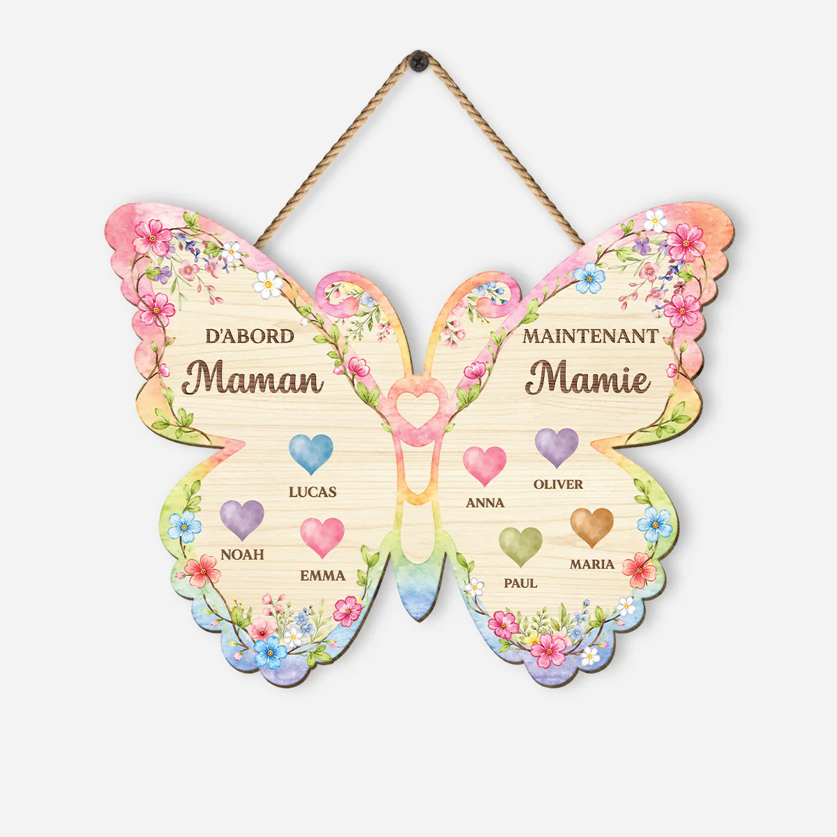 Plaque De Porte Bois Personnalisée À Suspendre - D'abord Maman Ensuite Mamie Papillon Et Cœur