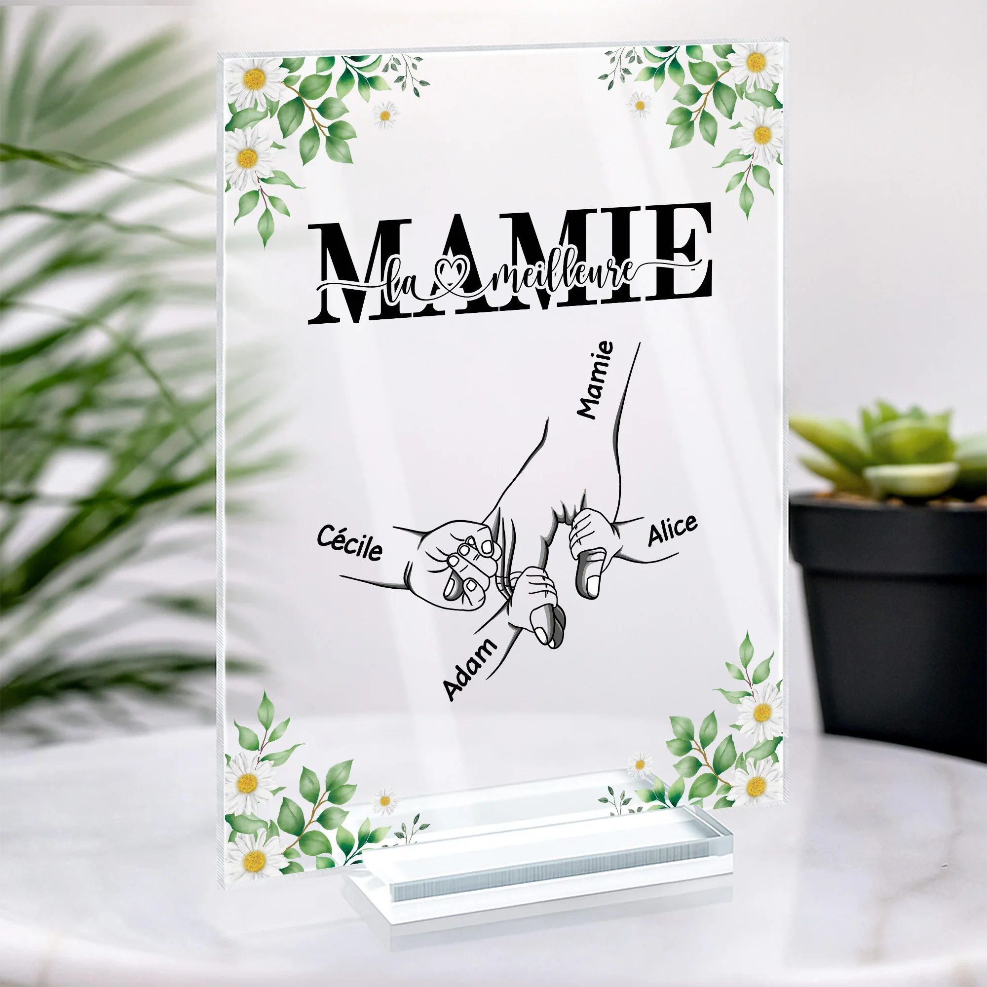 Plaque En Acrylique Personnalisée Avec Support - La Meilleure Maman - Mains Et Fleurs - Image 2