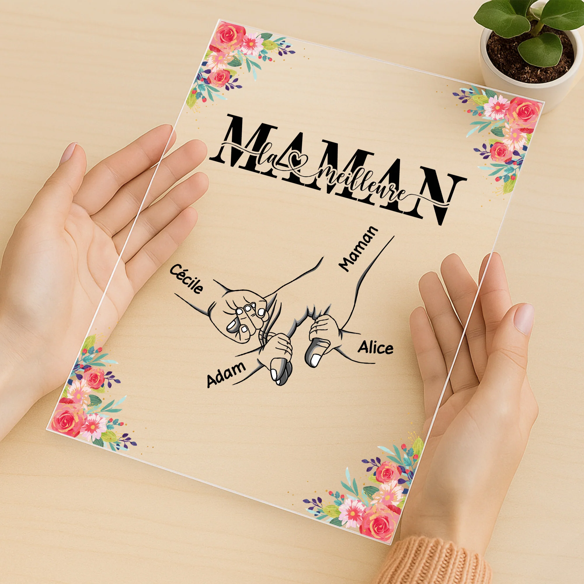 Plaque En Acrylique Personnalisée Avec Support - La Meilleure Maman - Mains Et Fleurs - Image 3