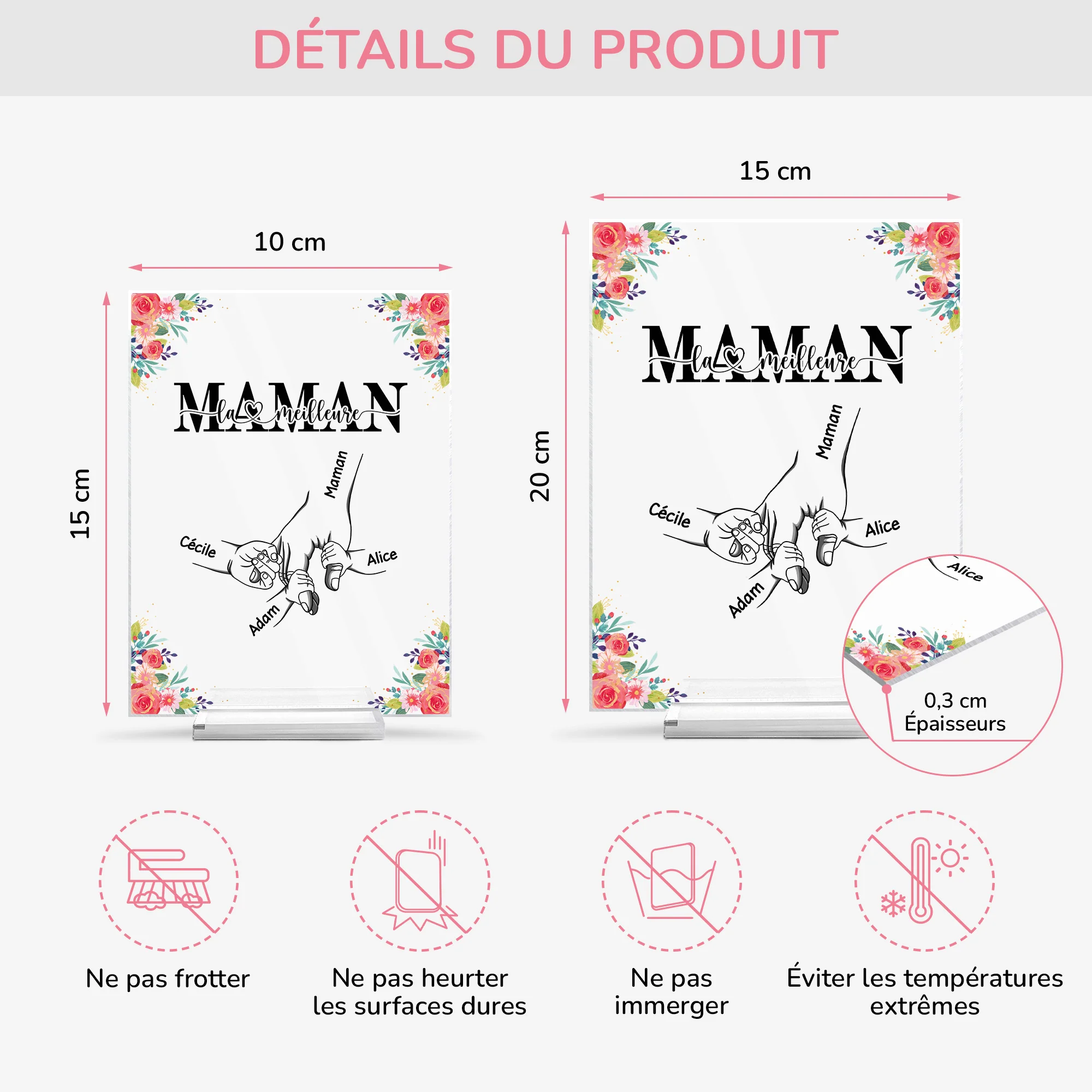 Plaque En Acrylique Personnalisée Avec Support - La Meilleure Maman - Mains Et Fleurs - Image 4