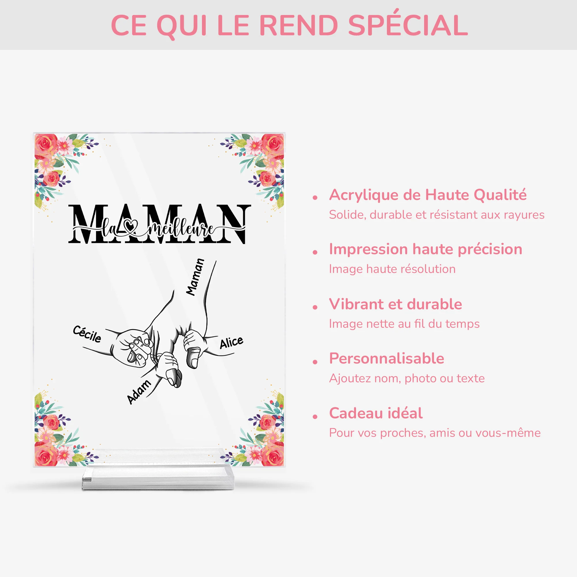 Plaque En Acrylique Personnalisée Avec Support - La Meilleure Maman - Mains Et Fleurs - Image 5