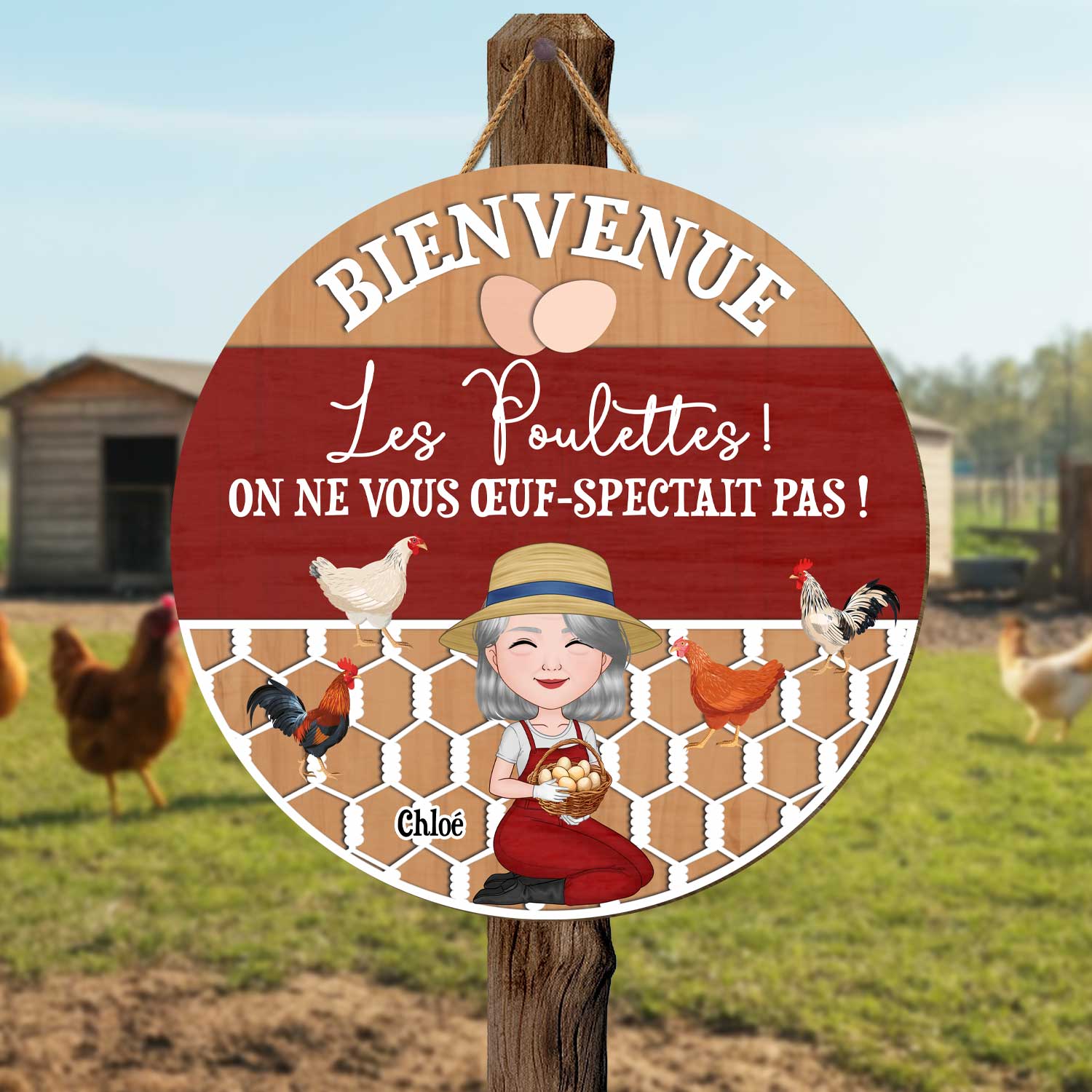 Plaque En Bois Personnalisée À Suspendre - Bienvenue Les Poulettes - Image 2