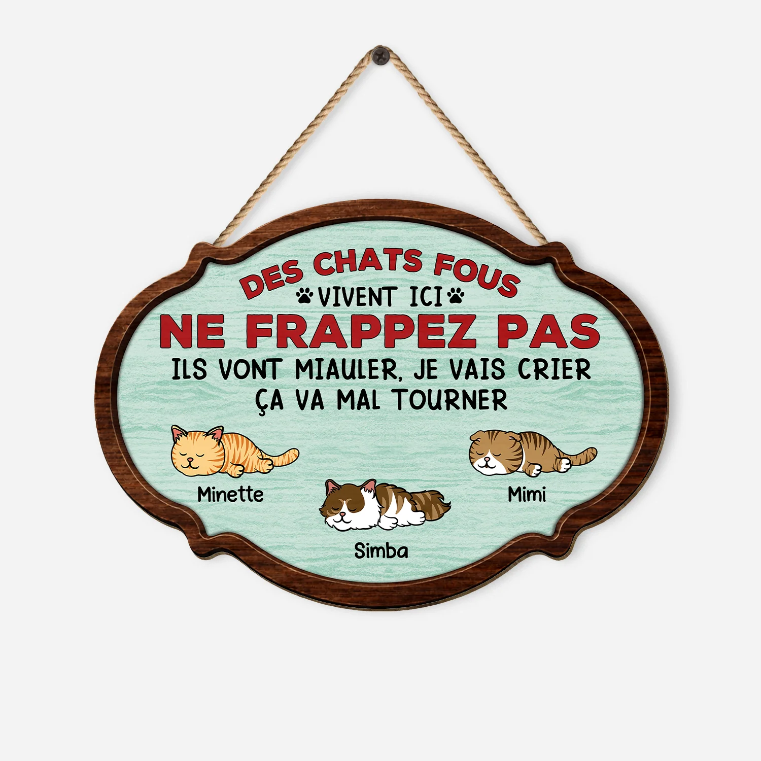 Plaque En Bois Personnalisée À Suspendre - Chats Fous Vivent Ici