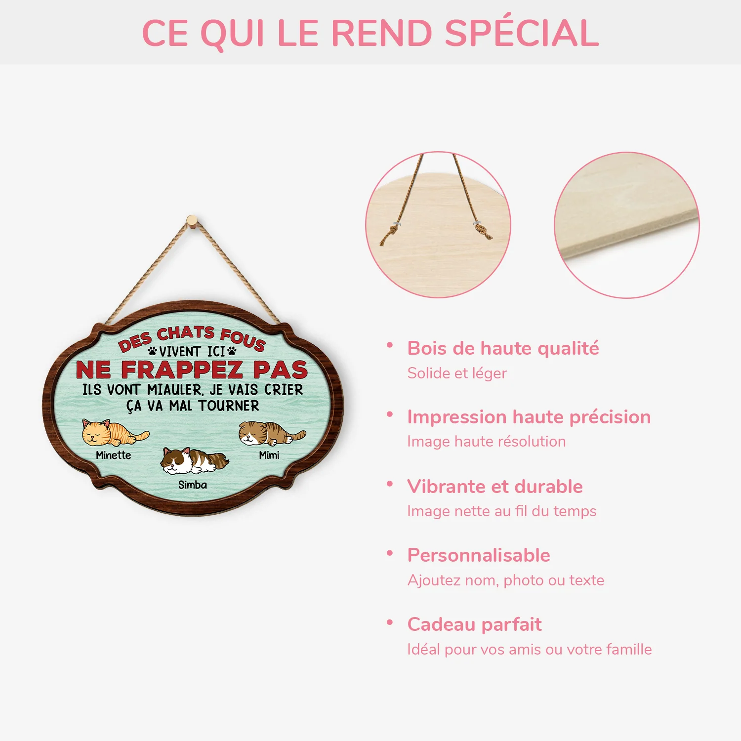 Plaque En Bois Personnalisée À Suspendre - Chats Fous Vivent Ici - Image 4