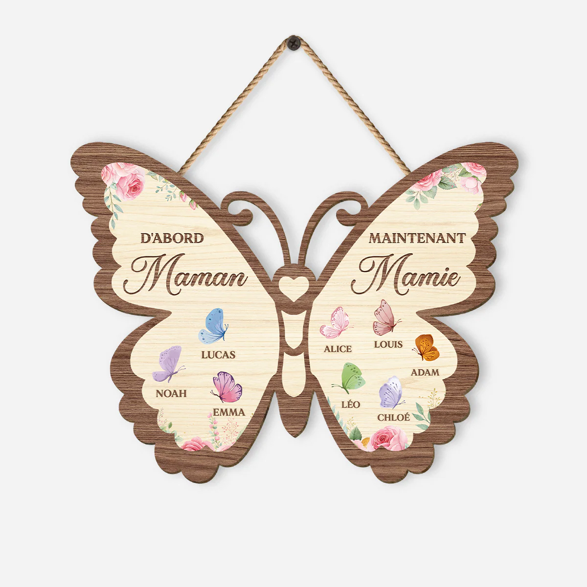Plaque En Bois Personnalisée À Suspendre Forme Papillon - D'abord Maman Ensuite Mamie