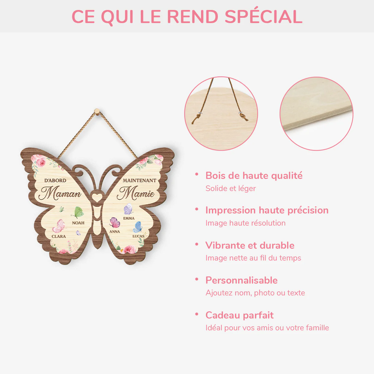 Plaque En Bois Personnalisée À Suspendre Forme Papillon - D'abord Maman Ensuite Mamie - Image 4