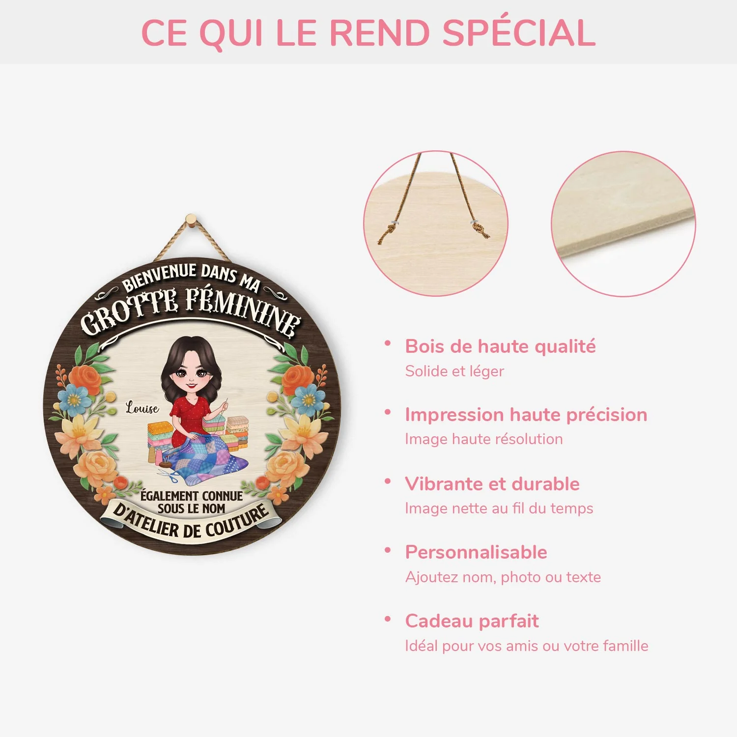 Plaque En Bois Personnalisée À Suspendre - Mon Atelier De Couture - Image 4