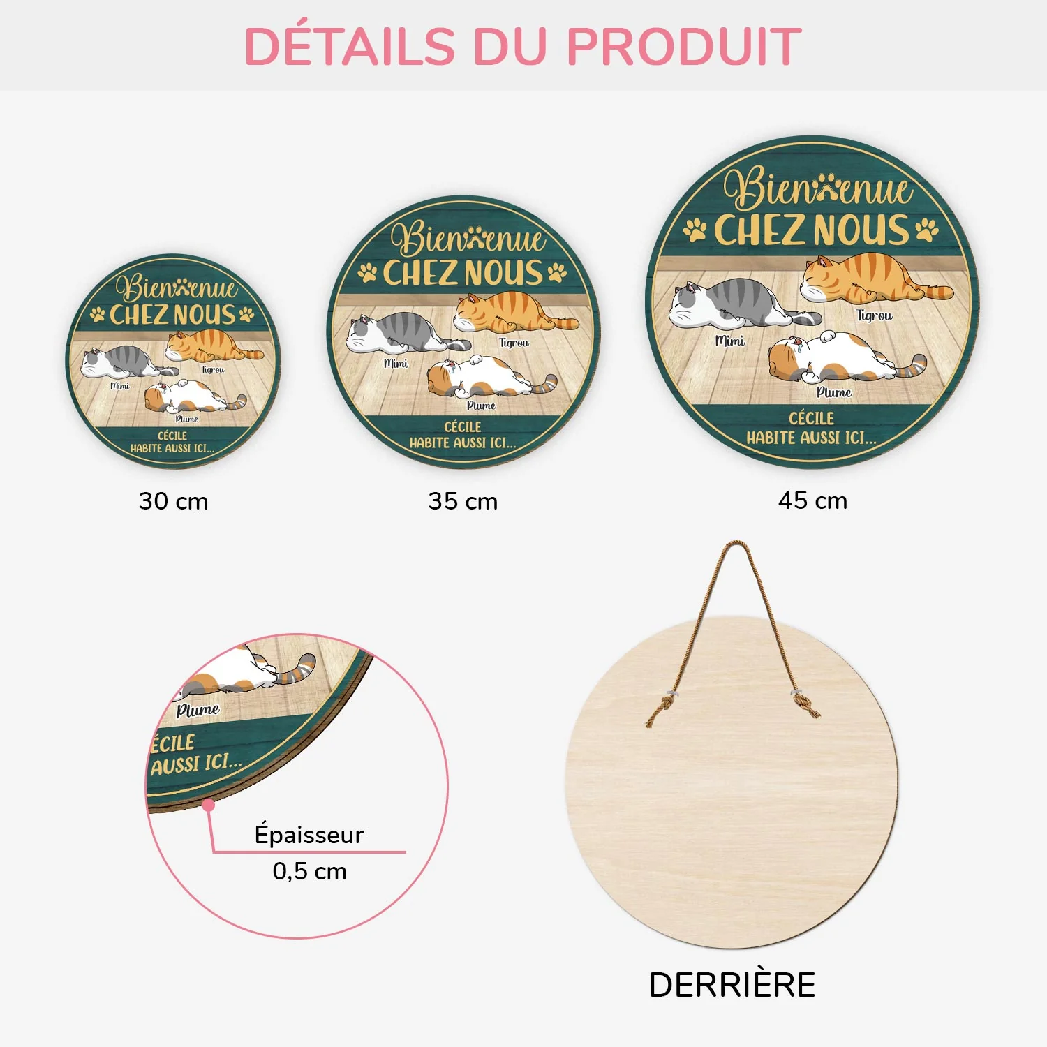 Plaque En Bois Personnalisée Avec Chat À Suspendre - Bienvenue Chez Nous - Image 3