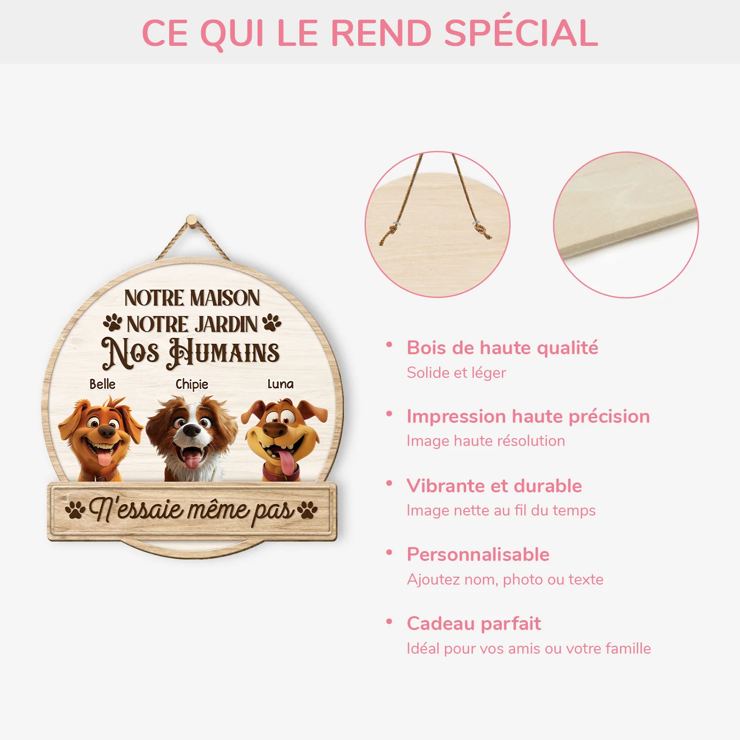 Plaque En Bois Personnalisée Avec Chien À Suspendre - N'Essaie Même Pas - Image 4