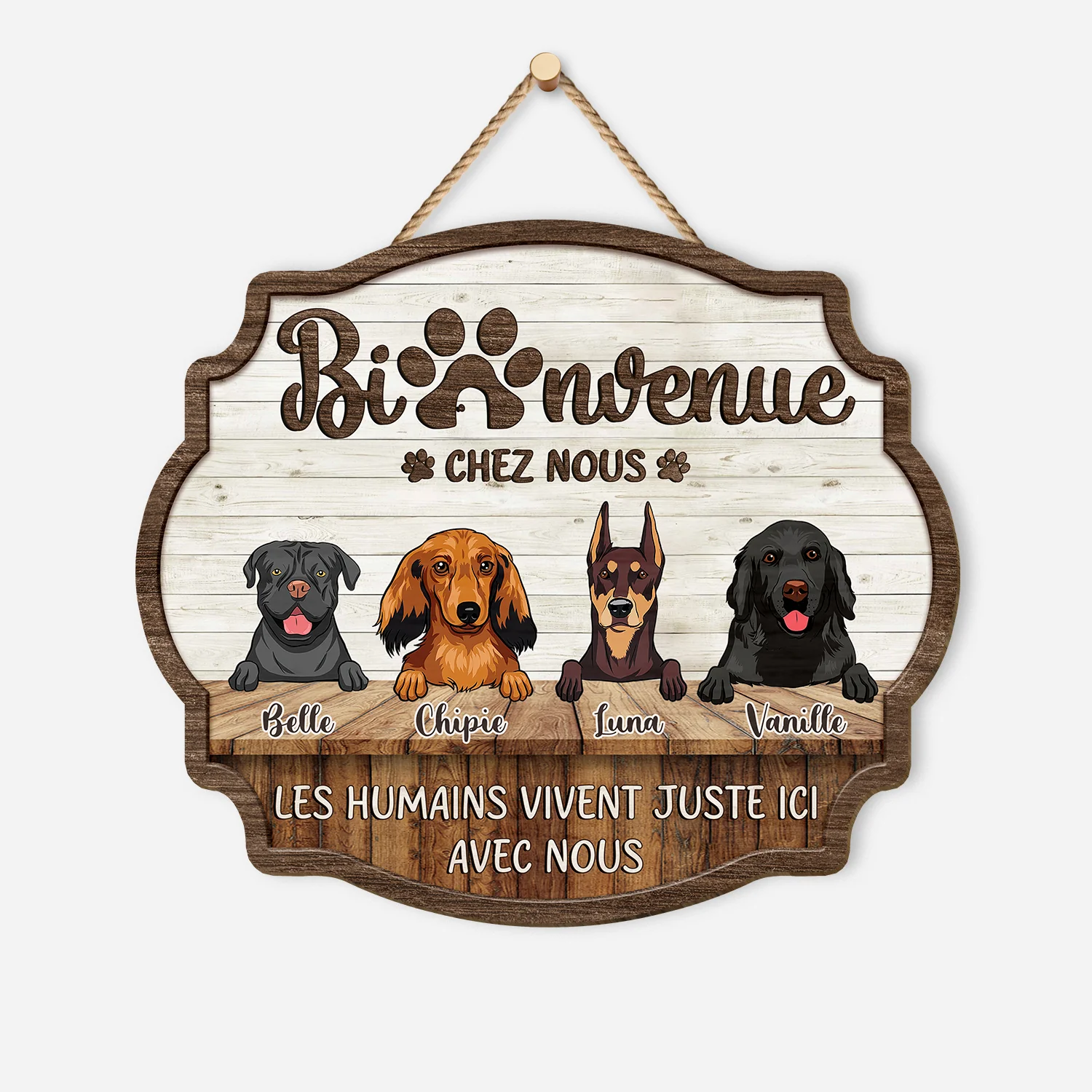 Plaque En Bois Personnalisée Avec Chien Rigolo À Suspendre - Bienvenue Chez Nous