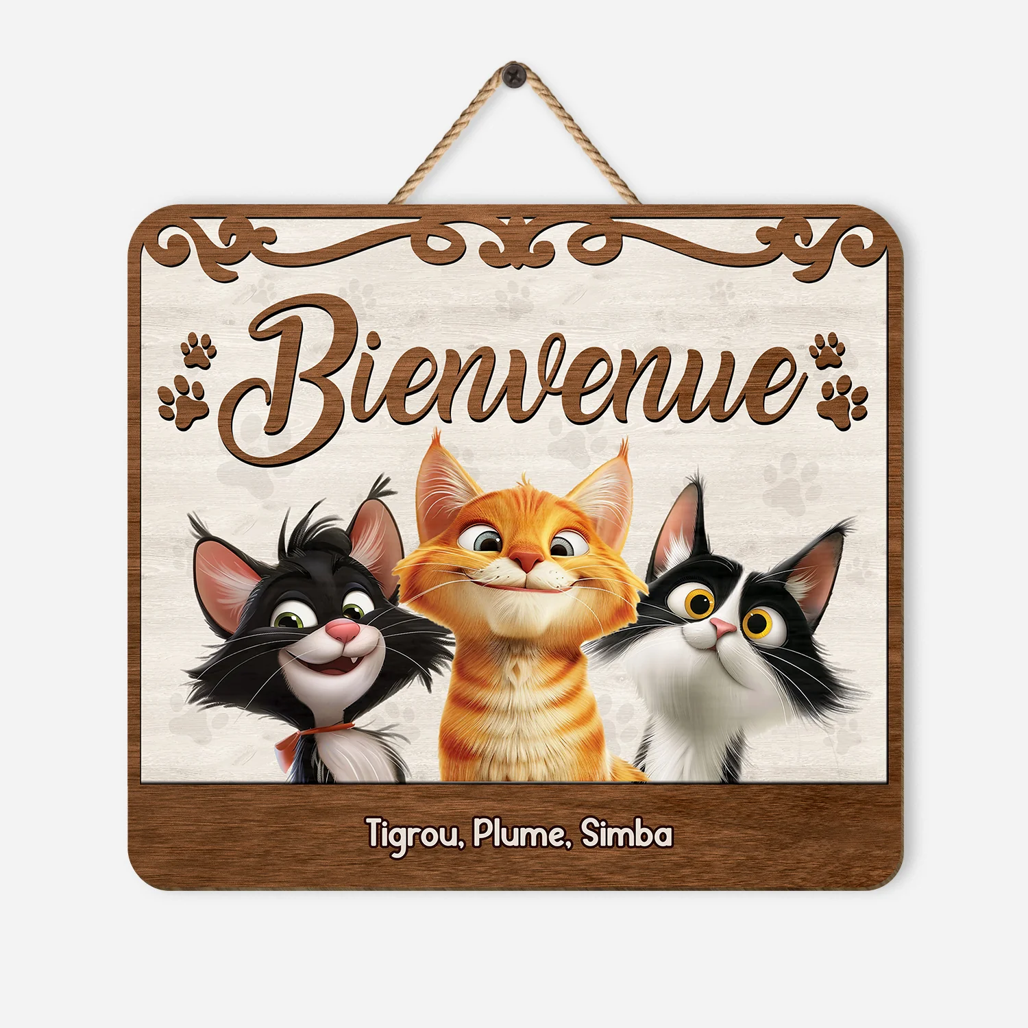 Plaque En Bois Personnalisée - Bienvenue Version Chat Malin