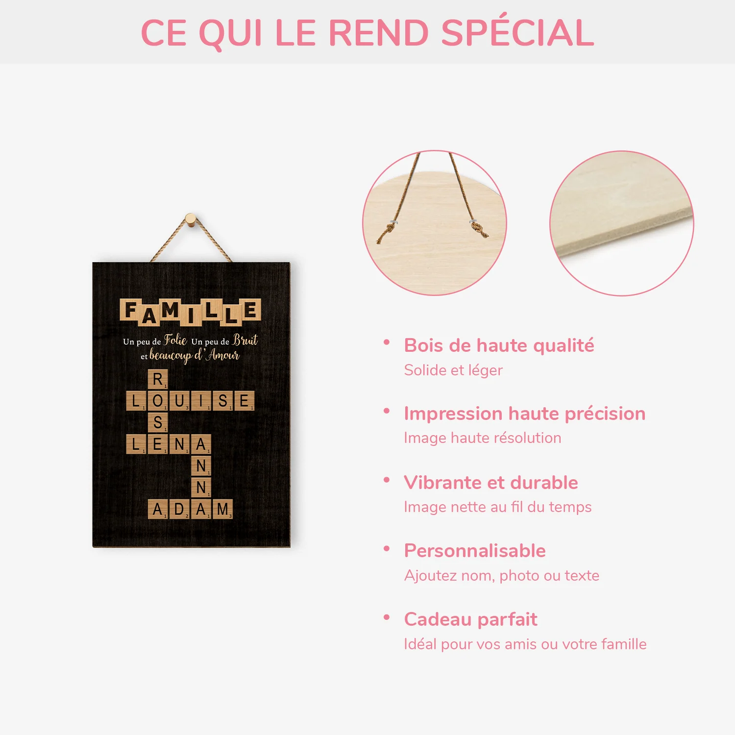 Plaque En Bois Personnalisée Famille - Famille Beaucoup D'amour Avec Mots Croisés - Image 4