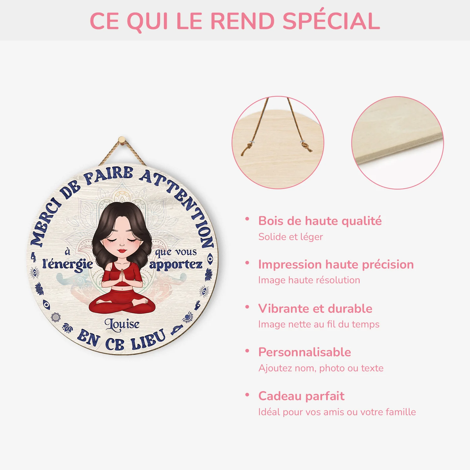 Plaque En Bois Personnalisée - Merci De Faire Attention - Cadeau Fan De Yoga - Image 4