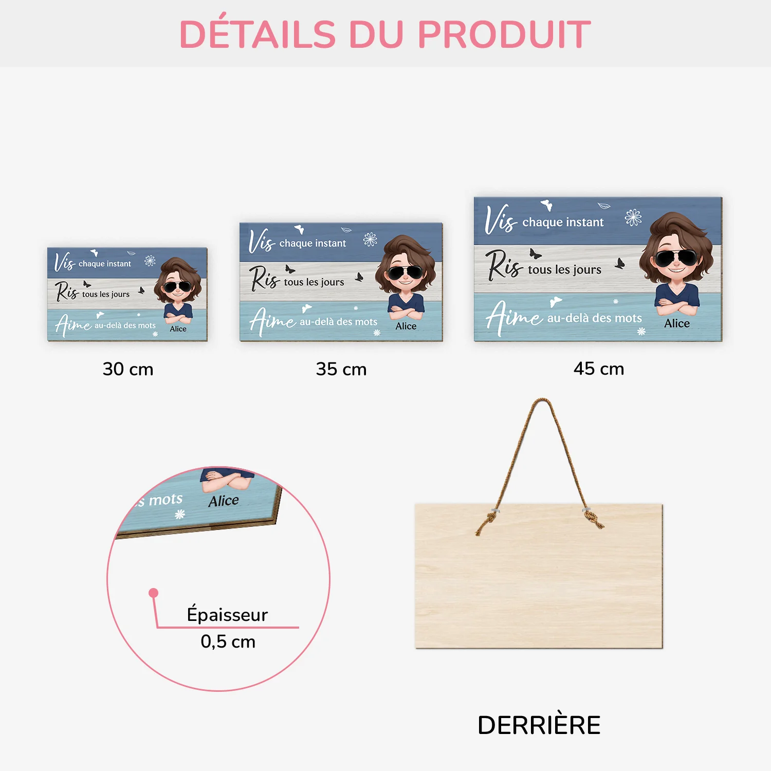 Plaque En Bois Personnalisée Pour Femme À Suspendre - Vis, Ris, Aime - Image 3