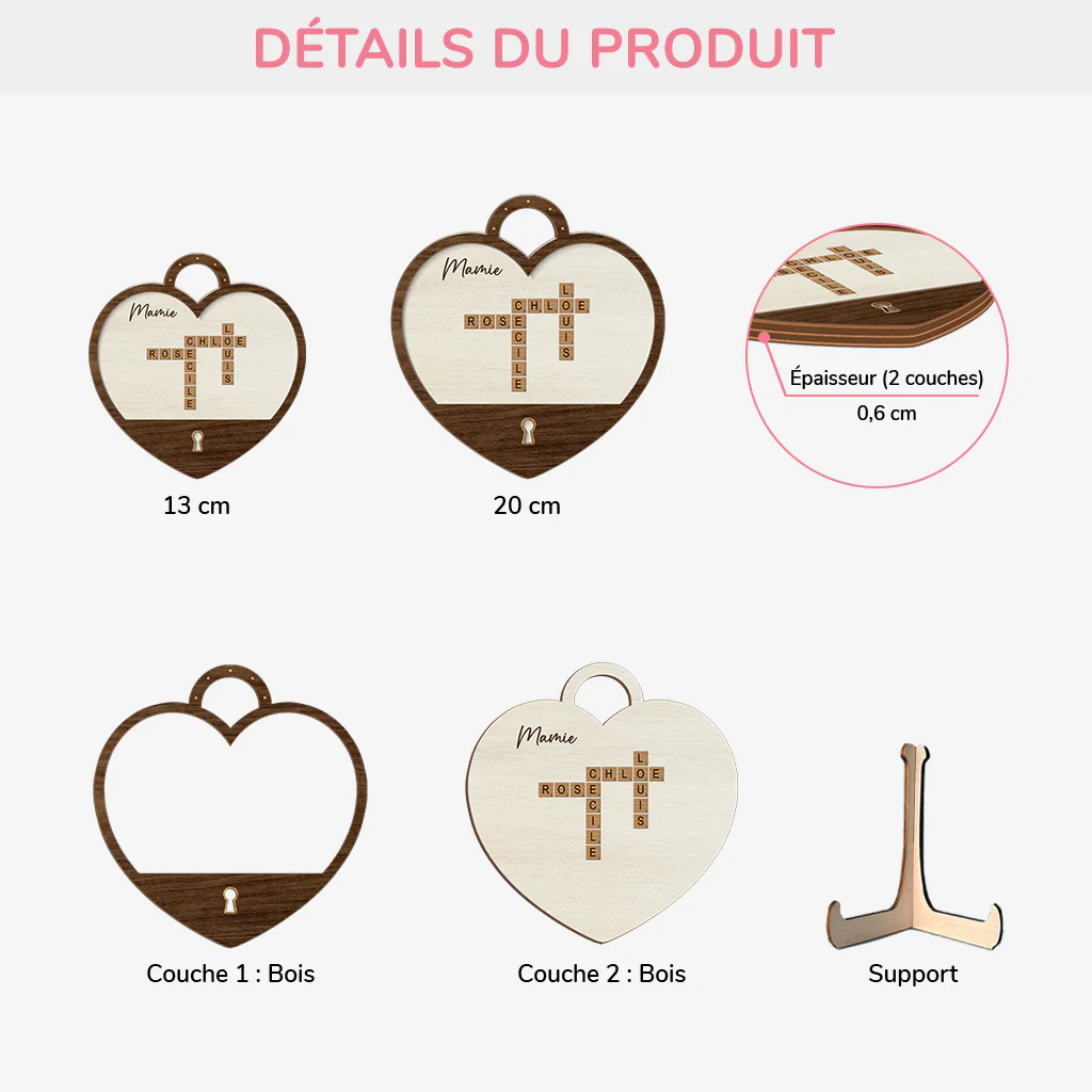Plaque en Bois Personnalisée - Mamie Cœur avec Mots Croisés - Image 3