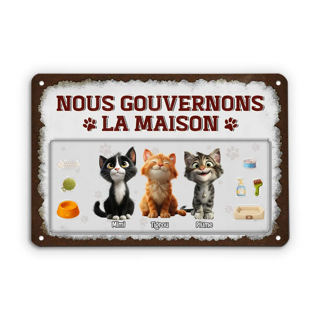 Plaque En Métal Personnalisée Avec Chat - Nous Gouvernons La Maison - Design Cartoon - Image 2