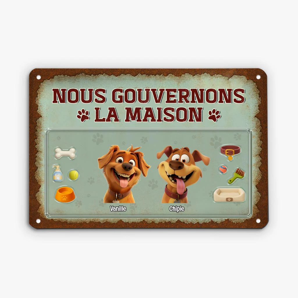 Plaque En Métal Personnalisée Avec Chien - Nous Gouvernons La Maison - Design Cartoon
