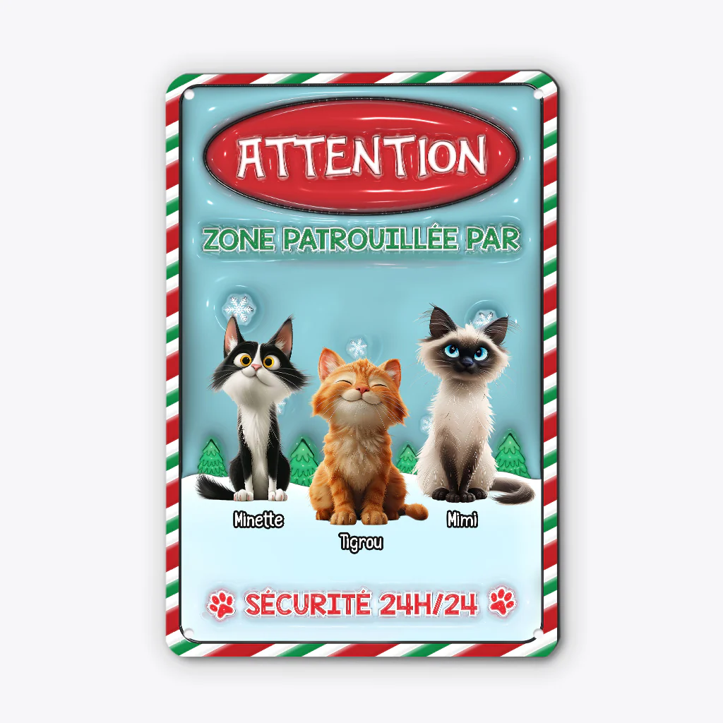 Plaque Metal Personnalisée Noël - Zone Patrouillée avec Chat - Image 2