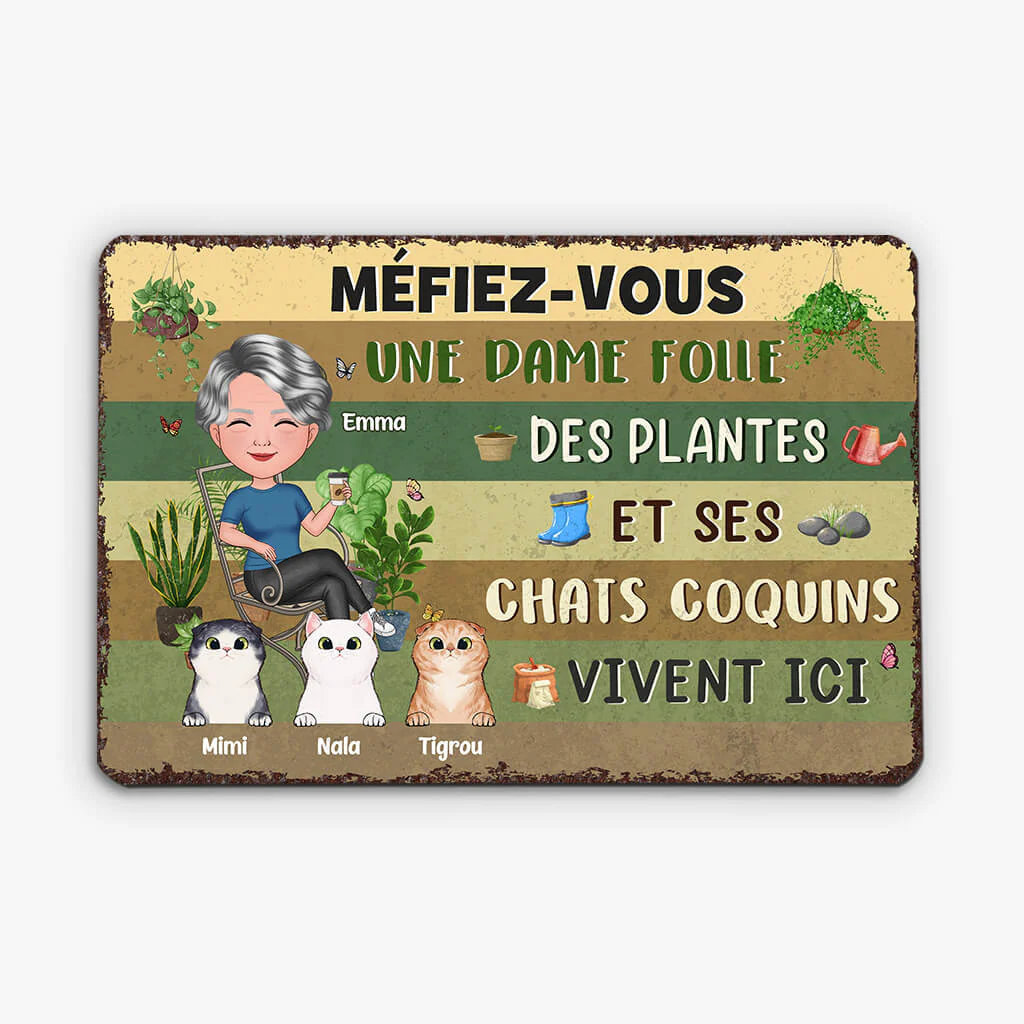 Plaque métal personnalisée jardin – Dame folle de plantes et chats coquins - Image 2