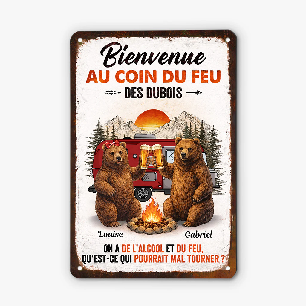Plaque Métallique Vintage Camping Couple - On A À Boire Et Du Feu - Cadeau Personnalisé Couple