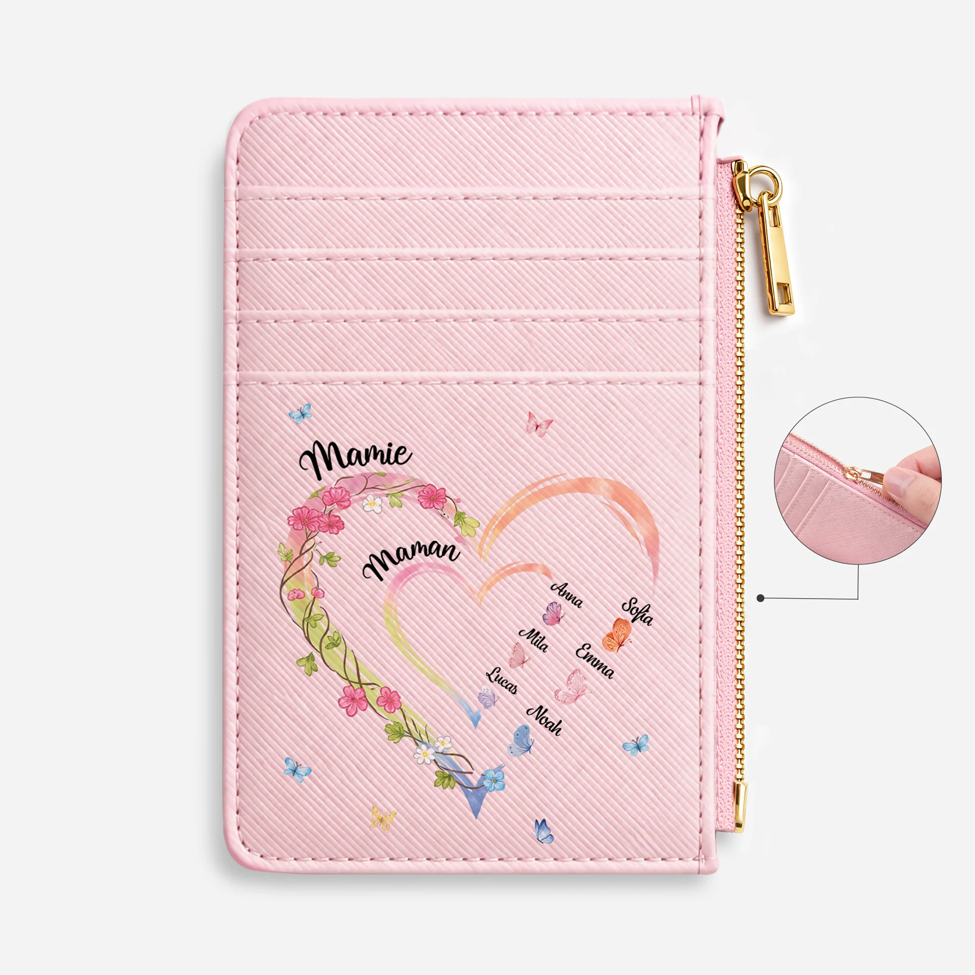 Porte carte Cuir Personnalisé Couleur Claire - Grand Coeur De Maman Et Mamie