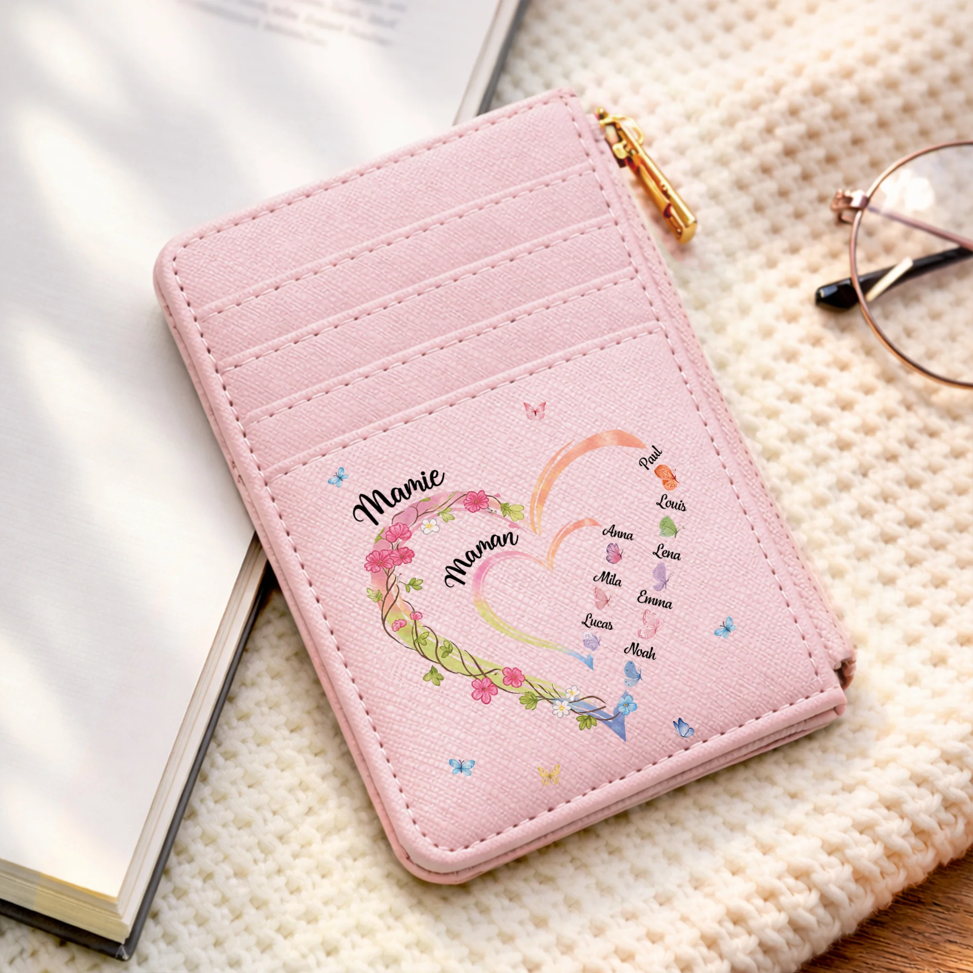 Porte carte Cuir Personnalisé Couleur Claire - Grand Coeur De Maman Et Mamie - Image 2