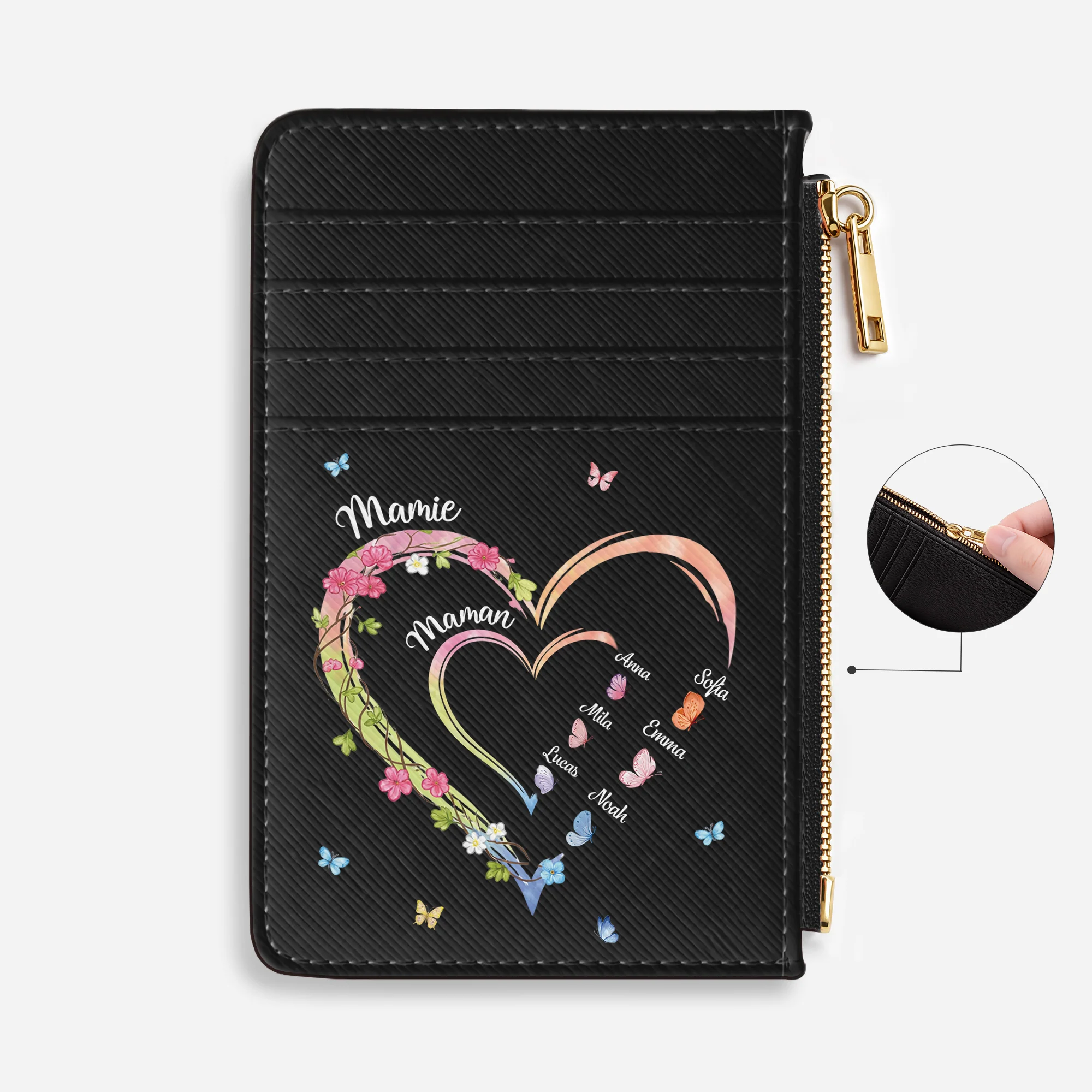 Porte carte Cuir Personnalisé Couleur Foncée - Grand Coeur De Maman Et Mamie