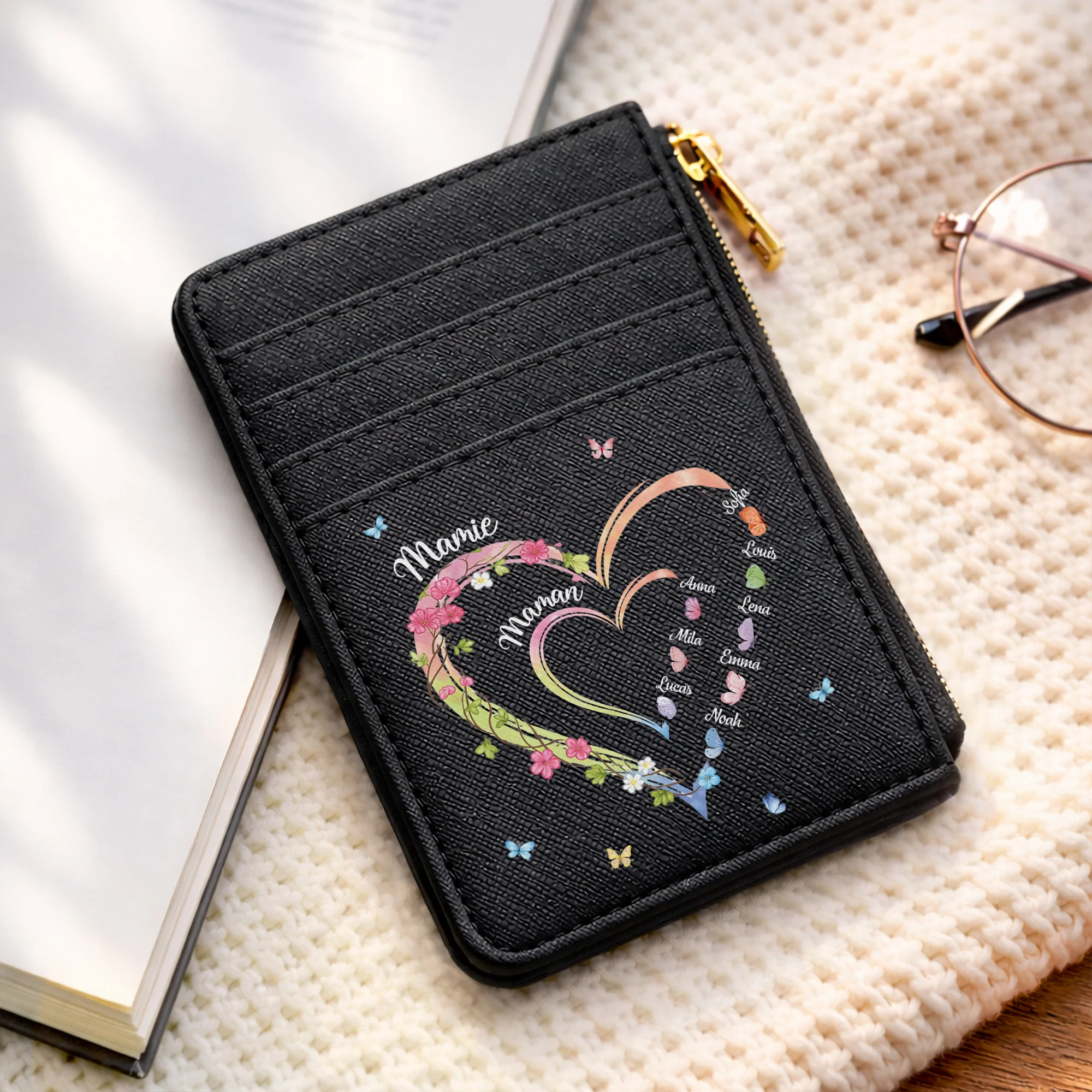 Porte carte Cuir Personnalisé Couleur Foncée - Grand Coeur De Maman Et Mamie - Image 2