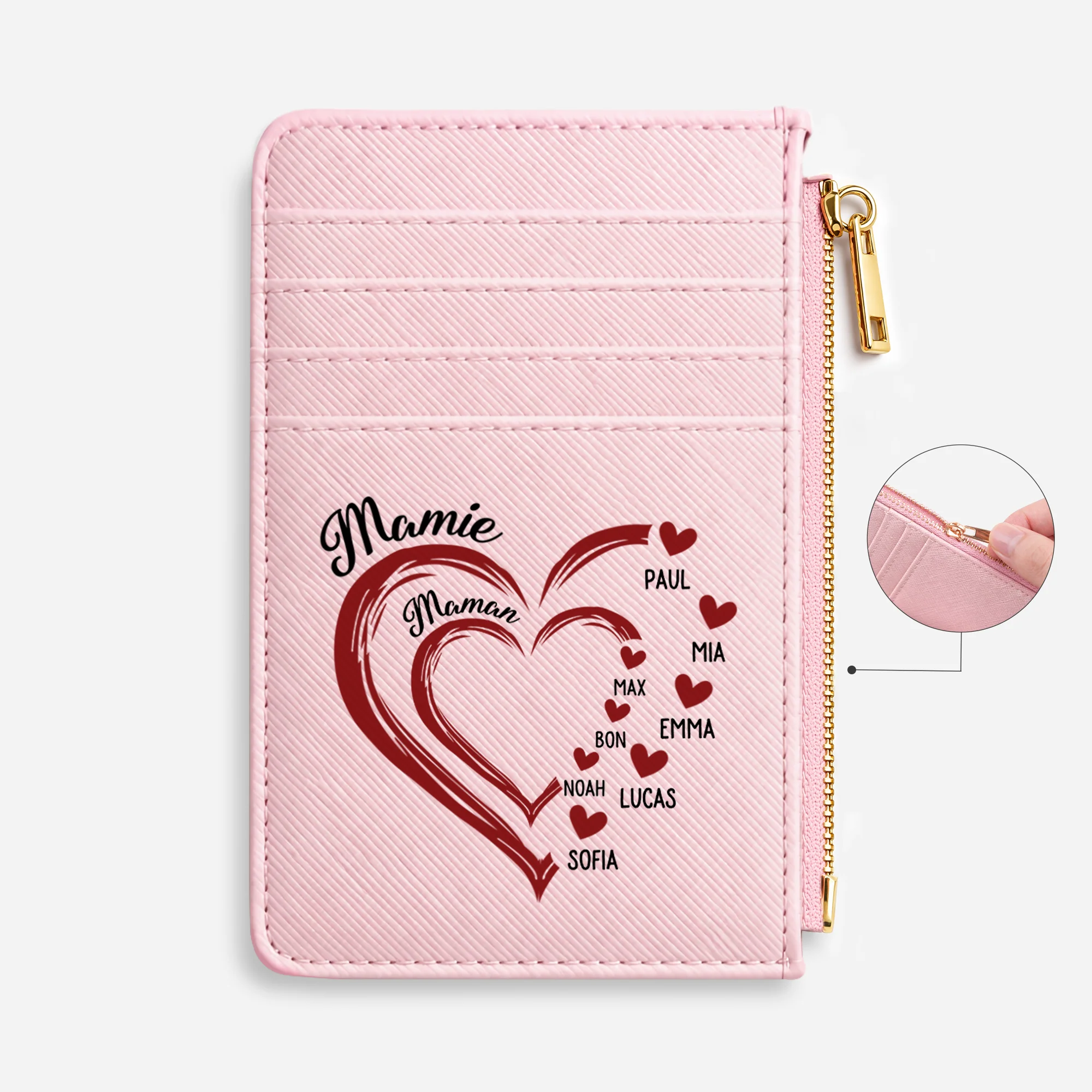 Porte Carte Femme Personnalisé En Cuir - Cadeau Maman Mamie Avec Cœur