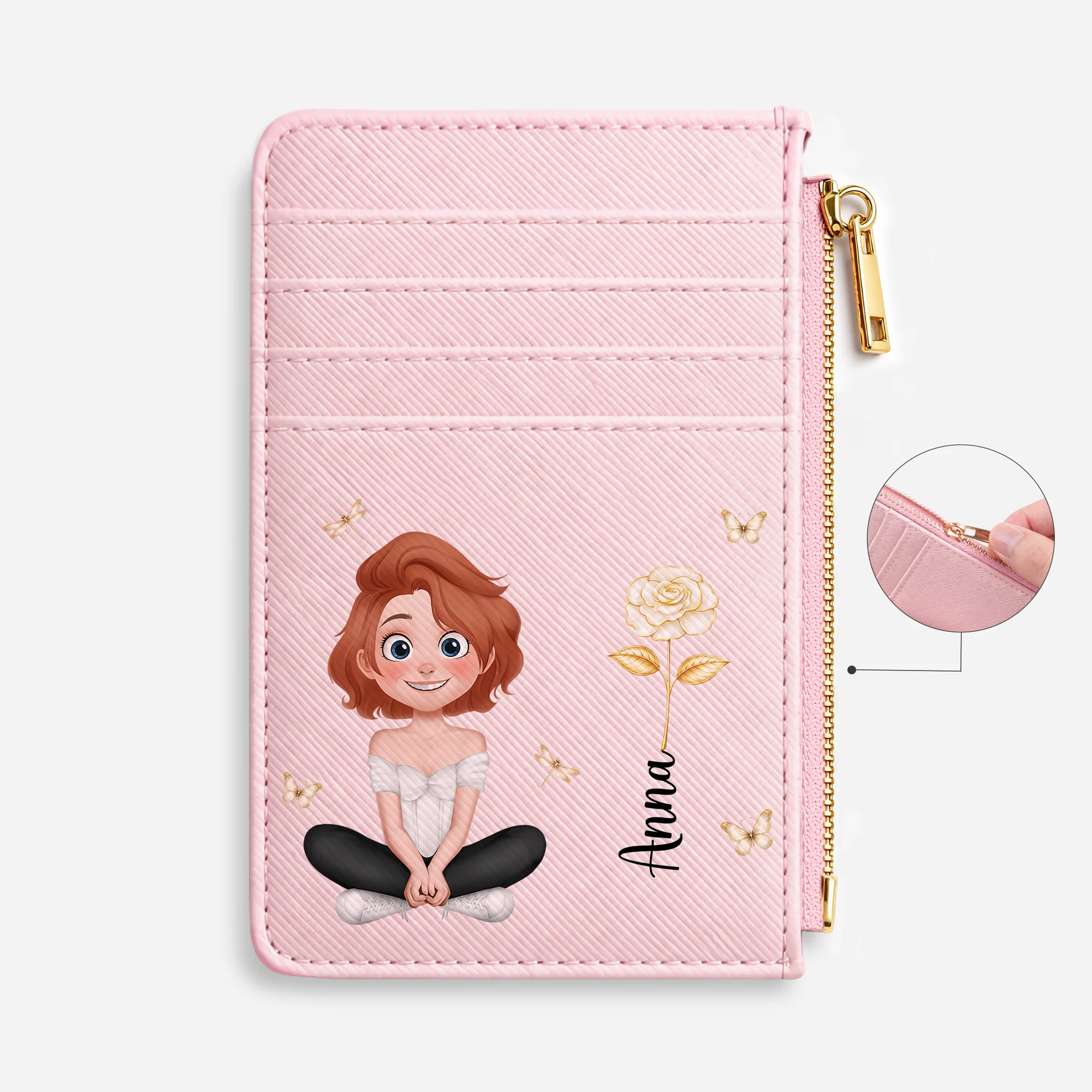 Porte-cartes Cuir Personnalisés Avec Prénom Et Dessin Fleur - Cadeau Personnalisé Femme