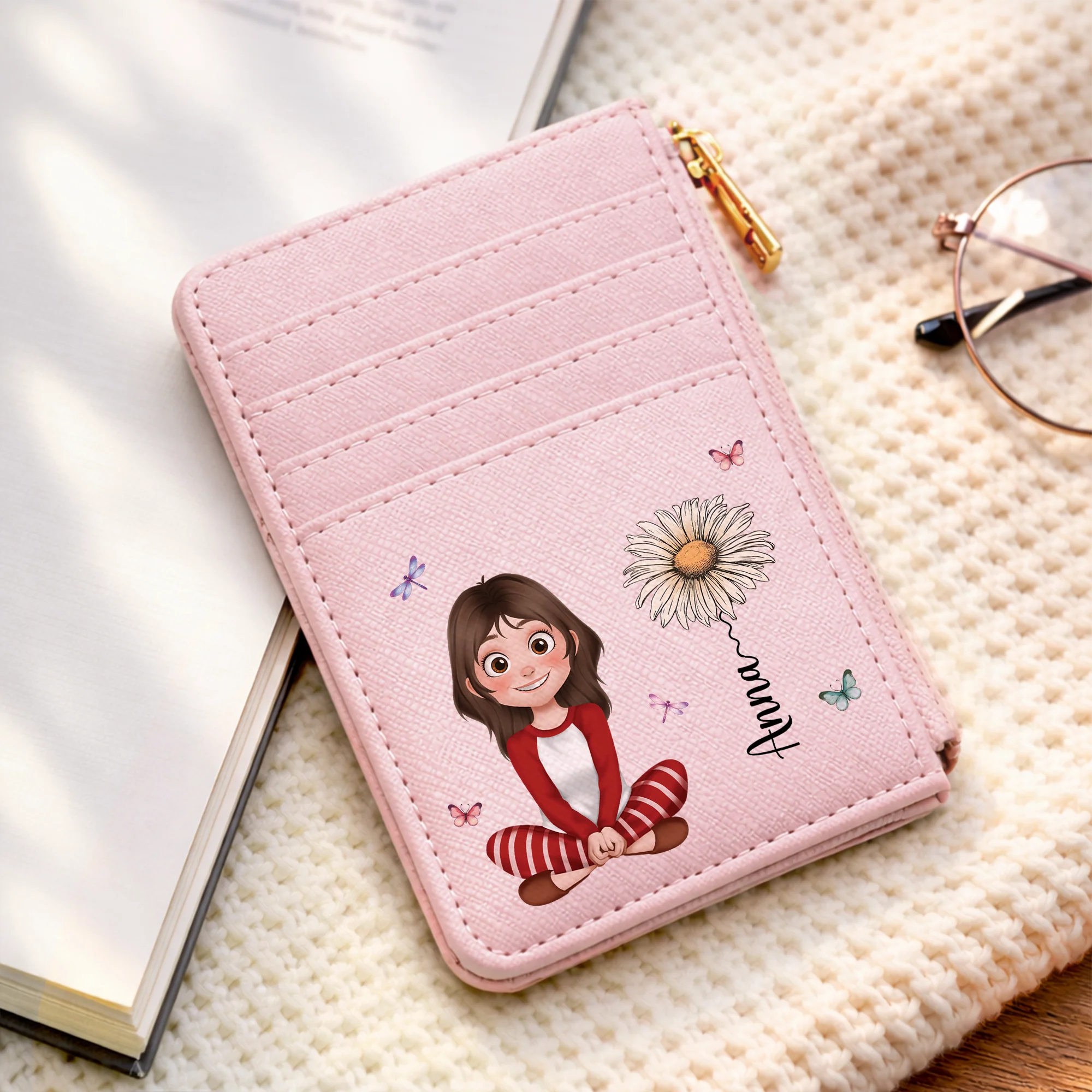 Porte-cartes Cuir Personnalisés Avec Prénom Et Dessin Fleur - Cadeau Personnalisé Femme - Image 2