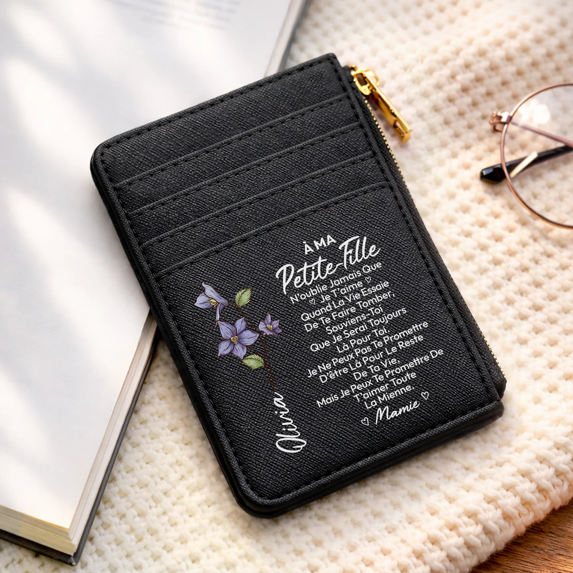 Porte-cartes Femme Personnalisés En Cuir Couleur Foncée - Je T’aime Ma Fille Ma Petite-fille - Image 2