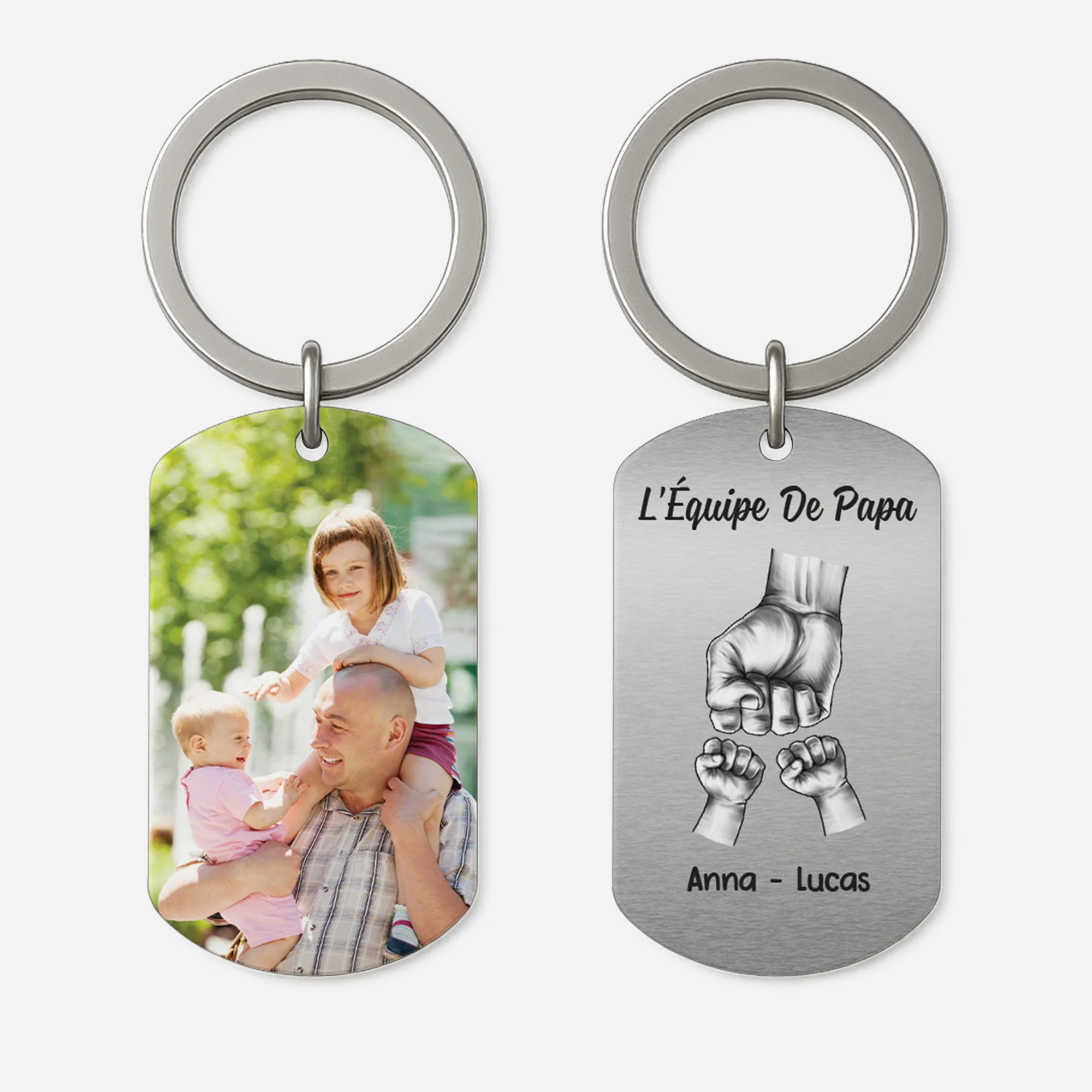 Porte Clé Personnalisé Avec Photo – L’Équipe de Papa | Design Poings Aluminium