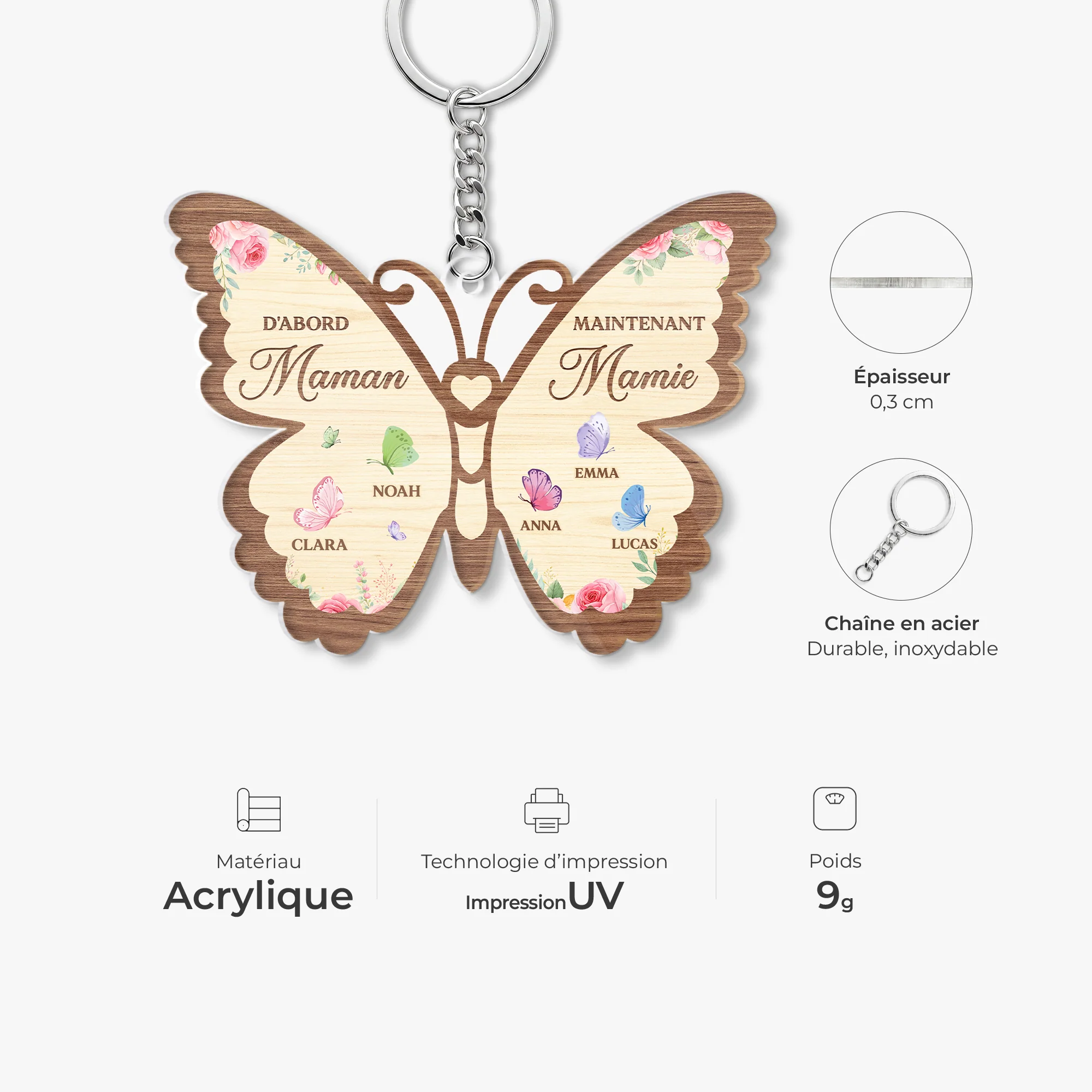 Porte Clés Acrylique Personnalisé Forme Papillon - D'abord Maman Ensuite Mamie - Image 4