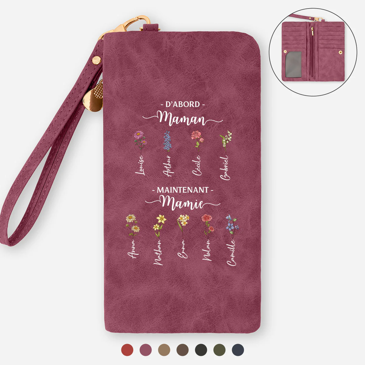 Portefeuille Cuir Personnalisable Avec Dragonne - Cadeau Maman Mamie Main Dans La Main Avec Enfants