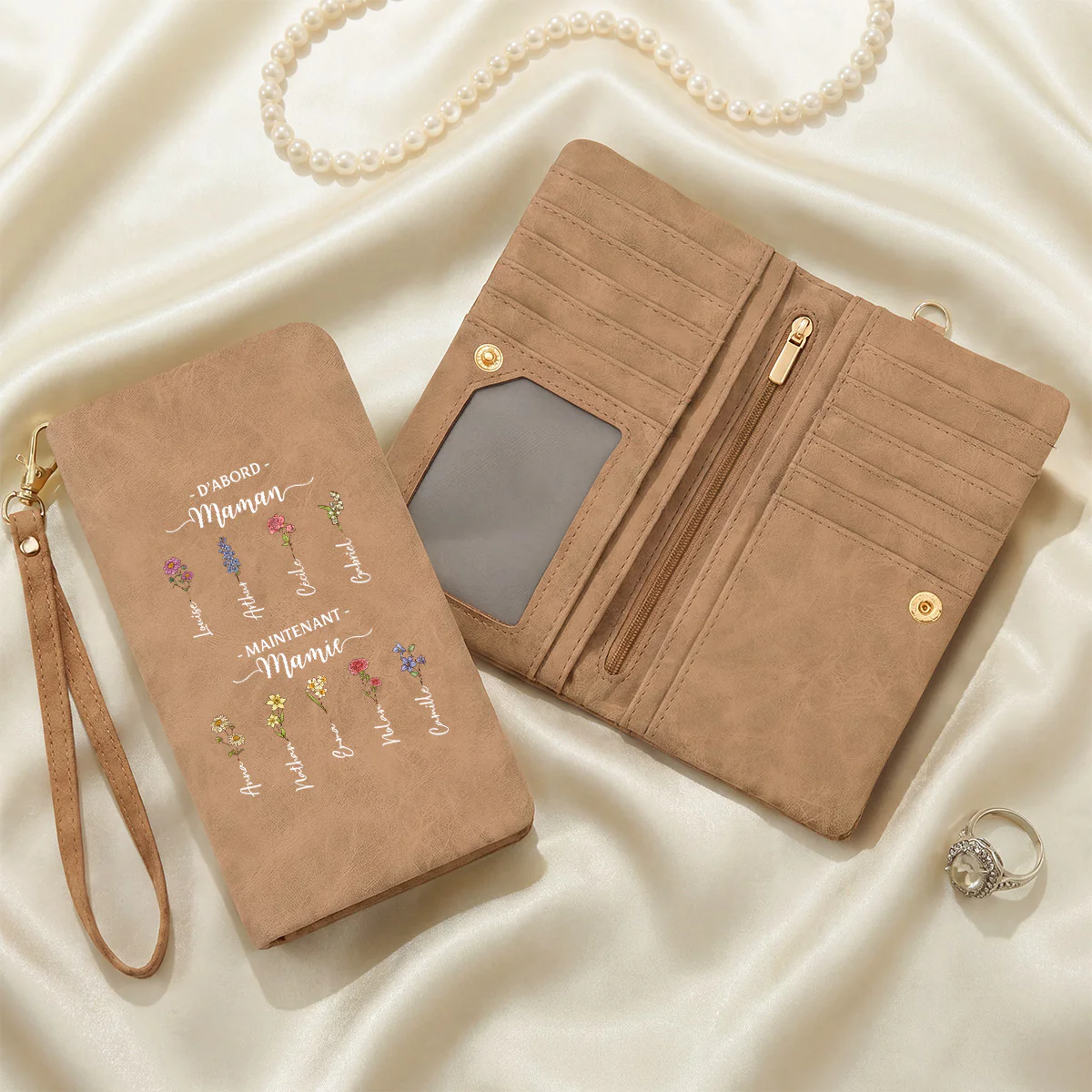 Portefeuille Cuir Personnalisable Avec Dragonne - Cadeau Maman Mamie Main Dans La Main Avec Enfants - Image 2