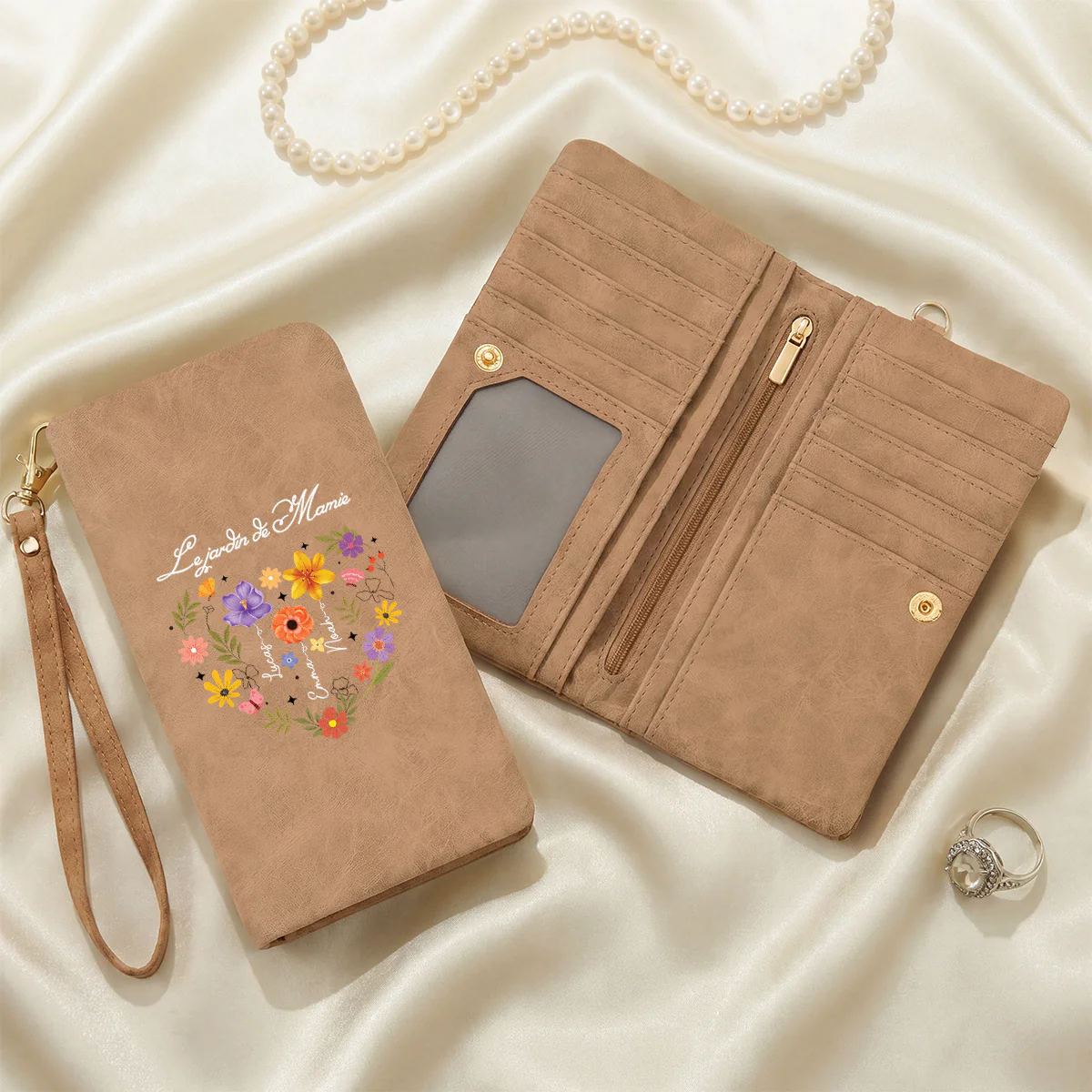 Portefeuille Cuir Personnalisable Avec Dragonne - Le Jardin De Maman Mamie Forme De Cœur - Image 2
